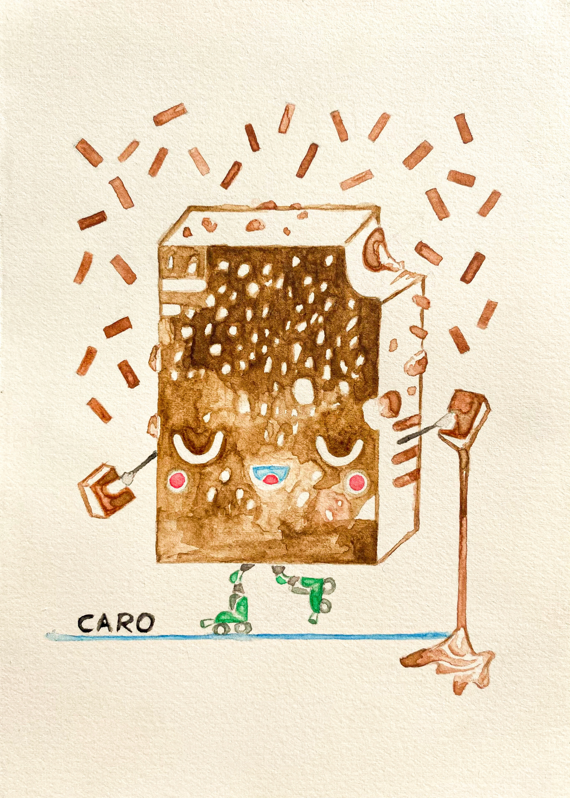 Brownie Loves To Rollerskate, watercolour on paper, 17.8 x 12.5 cm, 2023.