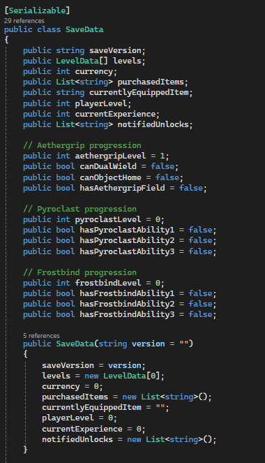 Save Data Class, variables for all storing all important player data