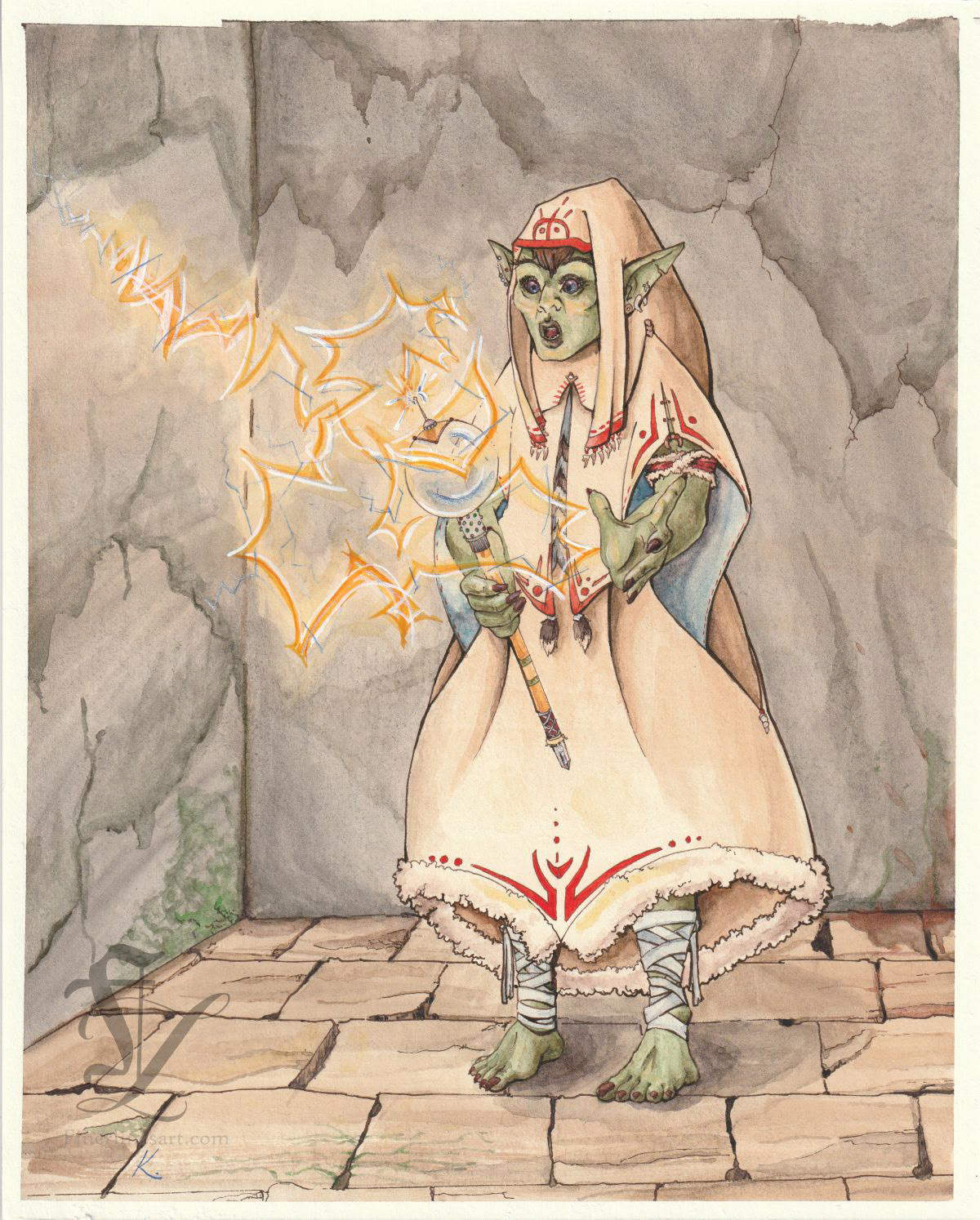Goblin Shaman Dungeon Delving, Watercolor and Ink