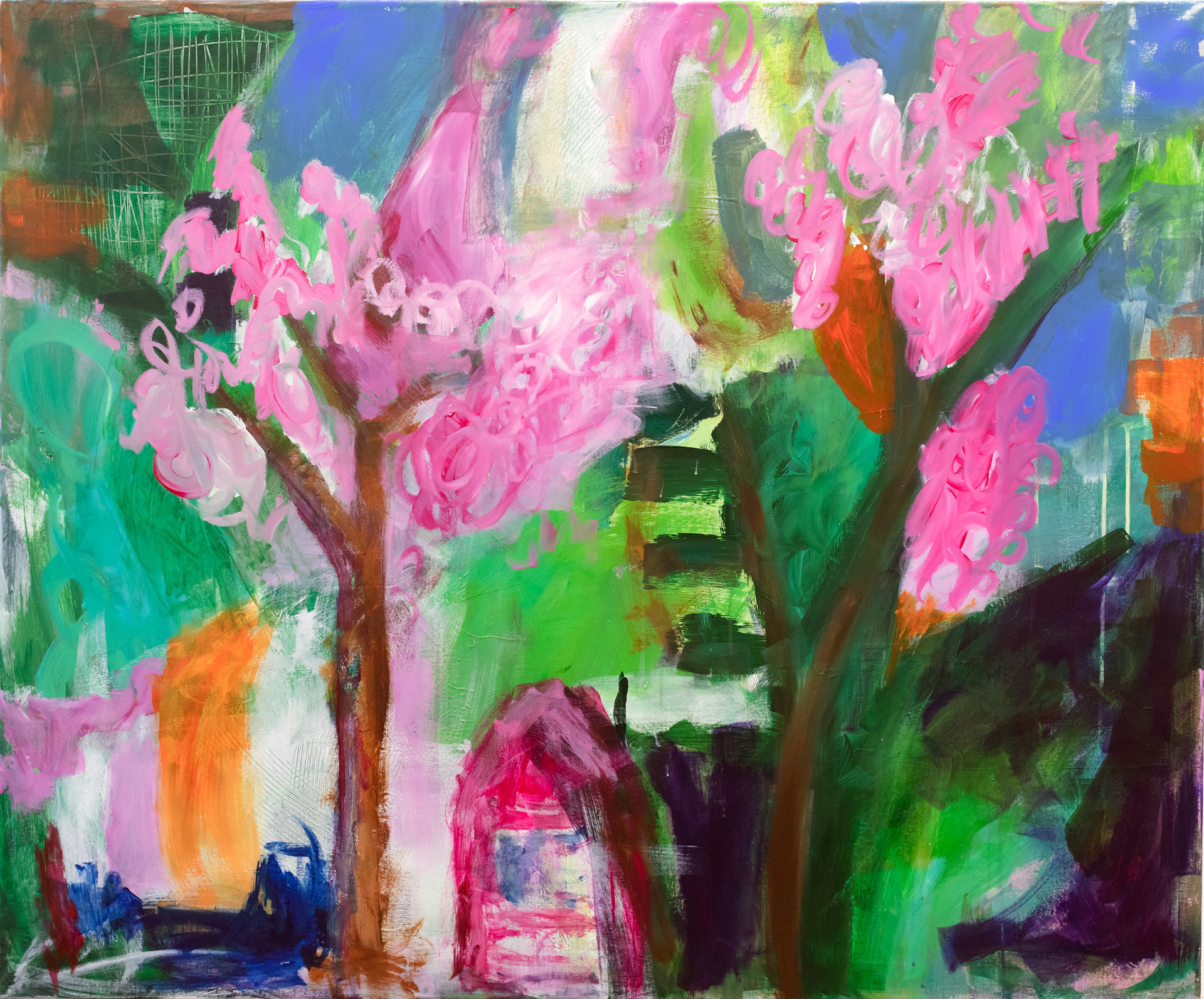 PUISTO (kirsikankukkien aikaan), akryyli kankaalle, 100x120 cm