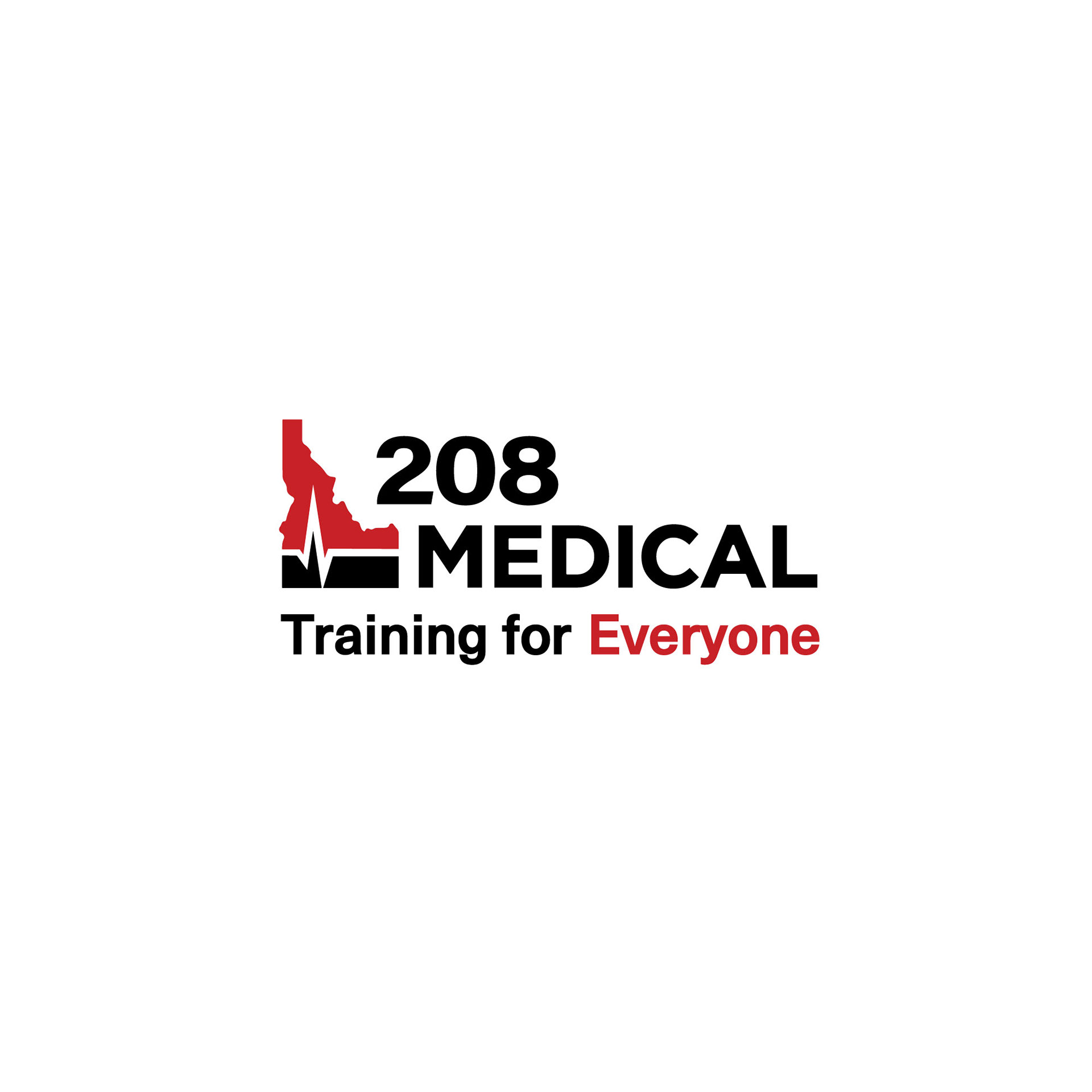 208 Medical LLC red and black logo with a tagline saying Training for Everyone, including a red and black icon in the shape of the State of Idaho with a heartbeat through it