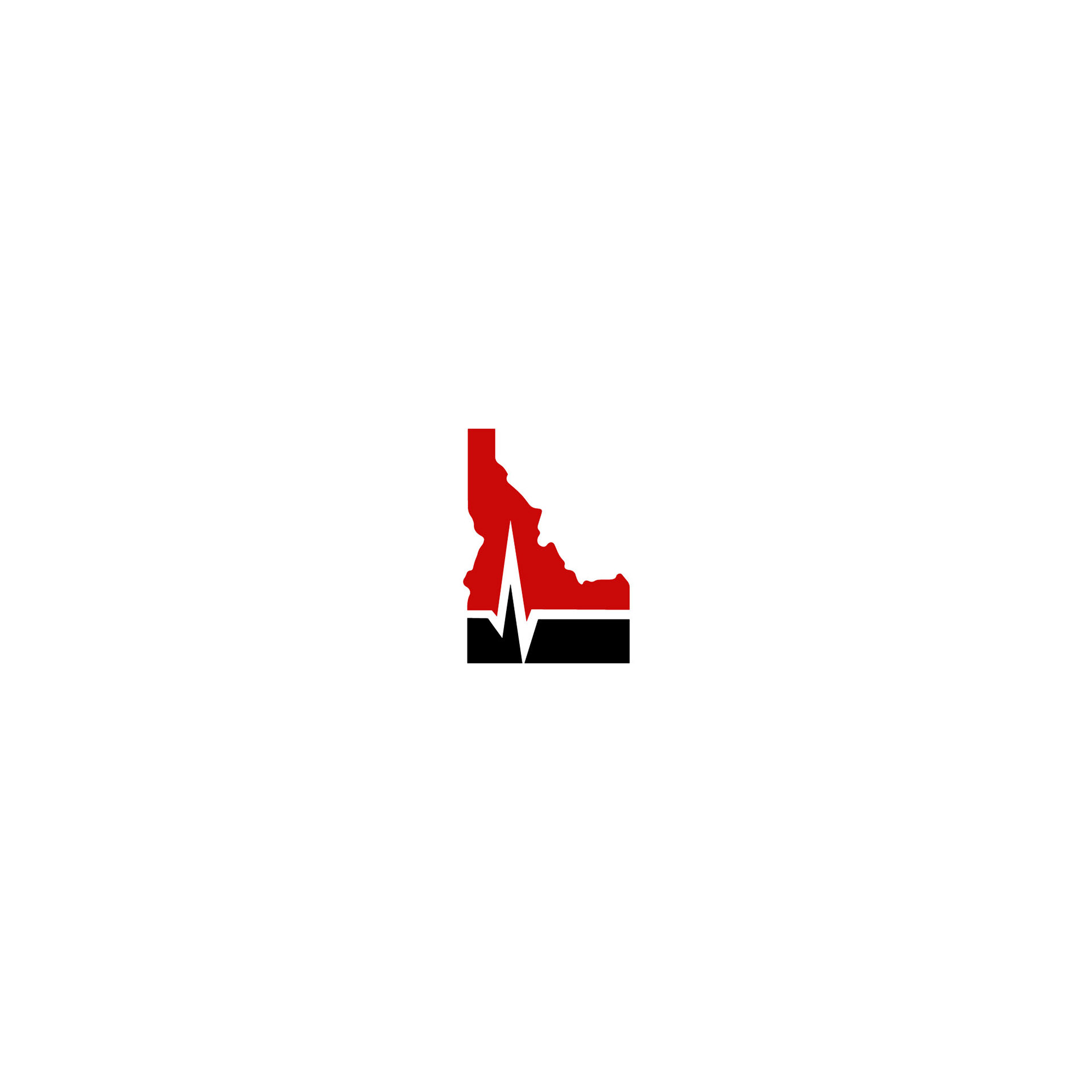 208 Medical LLC's red and black state icon with a heartbeat cutting through the state in the negative space
