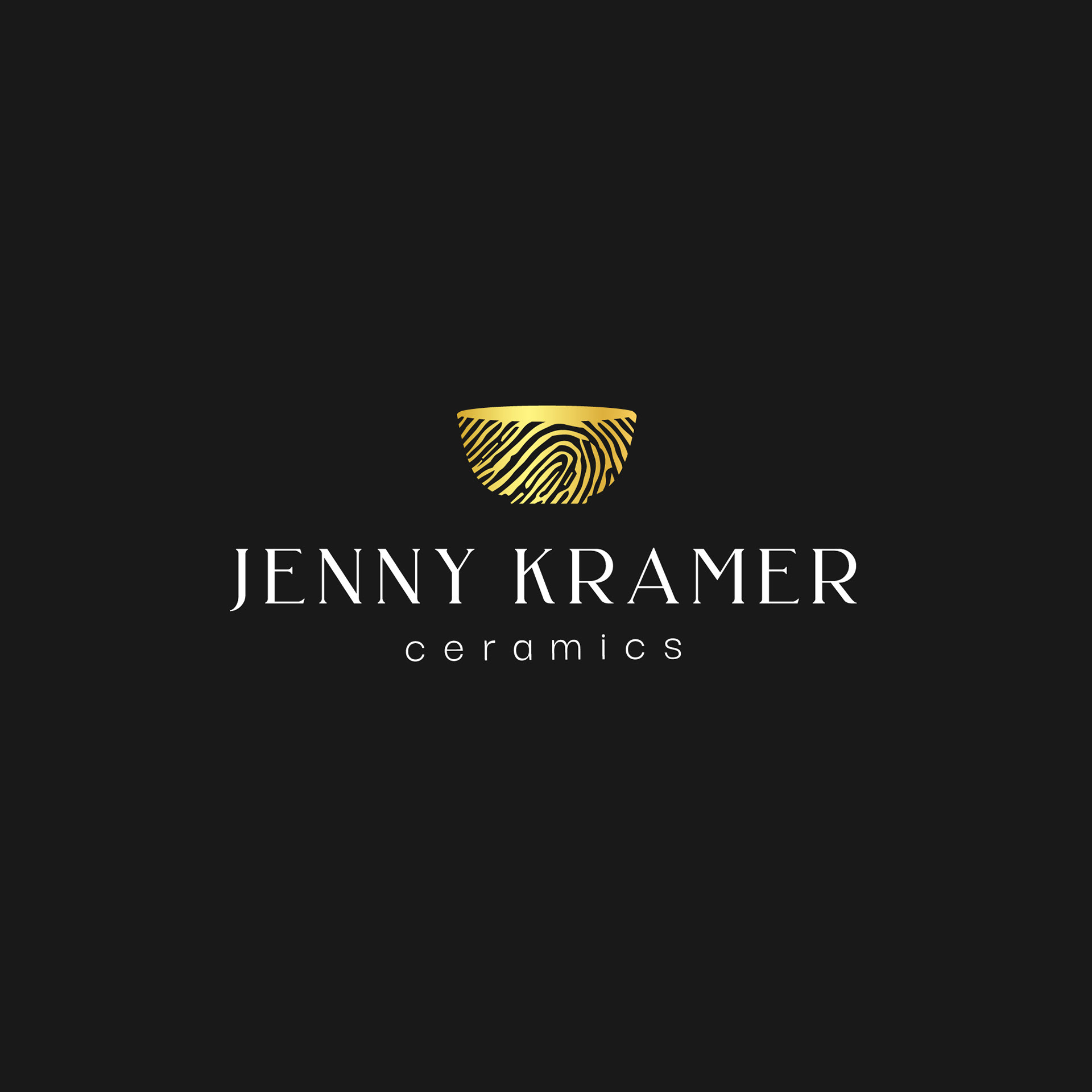 Jenny Kramer Ceramics' minimalist, bold, luxurious logo design on black showcasing a thumbprint as a bowl