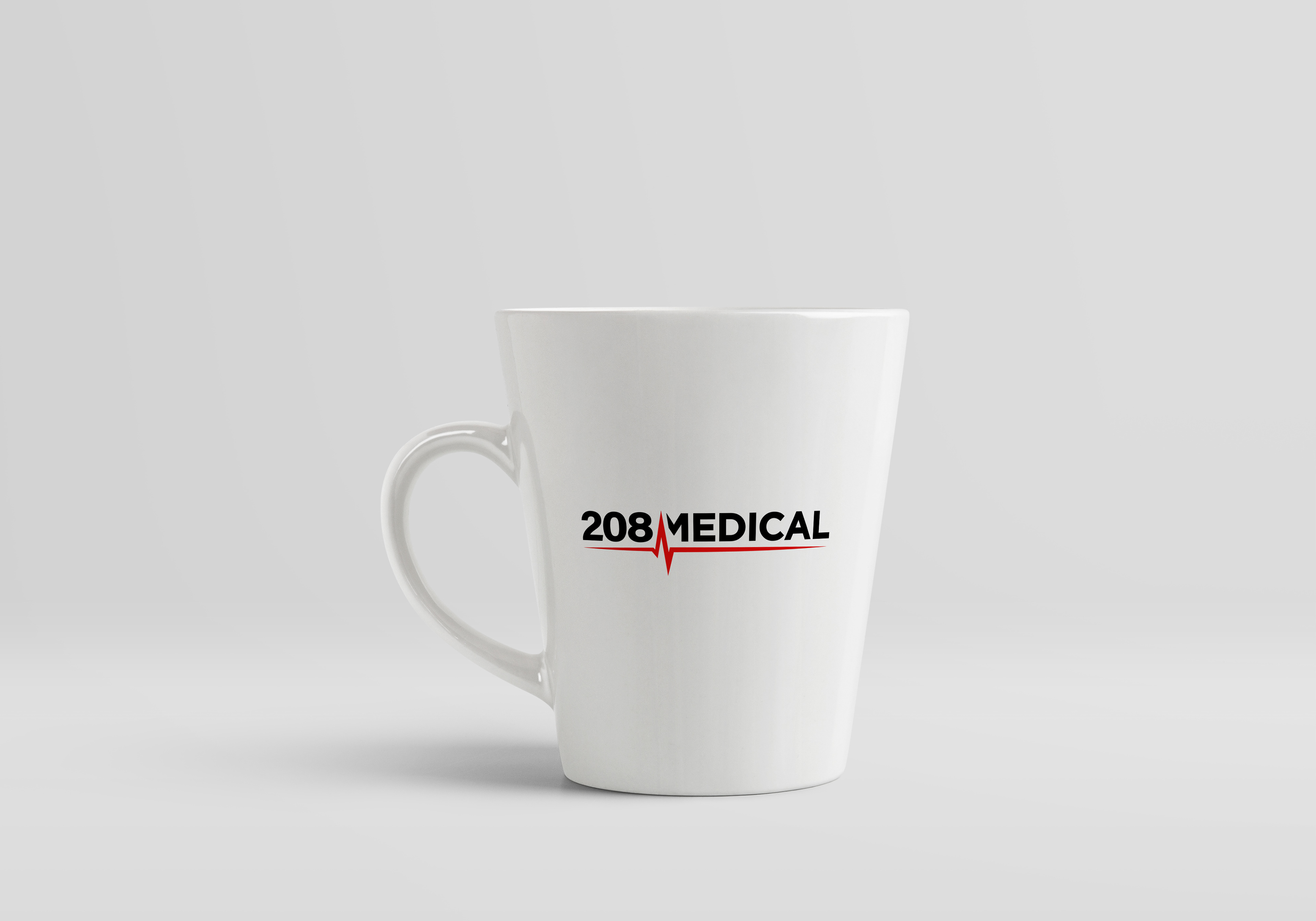 208 Medical horizontal logo with a read heartbeat cutting up into the letter "M" in Medical