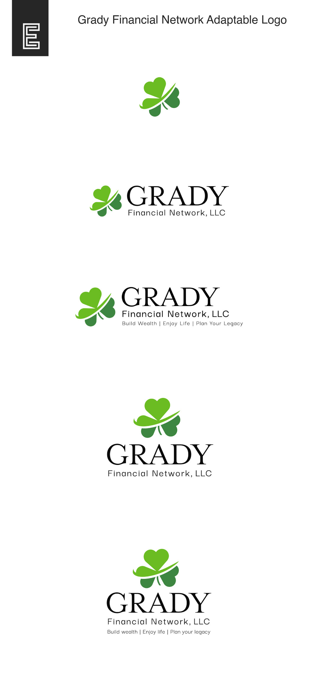 Grady Financial Network LLC's adaptable logo design for horizontal, vertical or icon uses