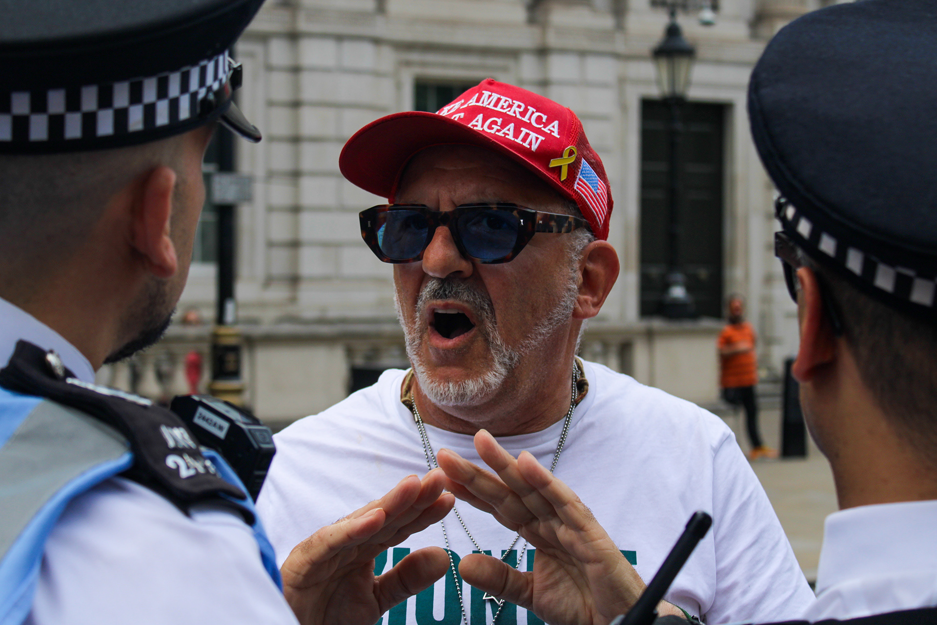 June 15th, 2025 - A protester from Stop The Hate at a demo outside Downing Street