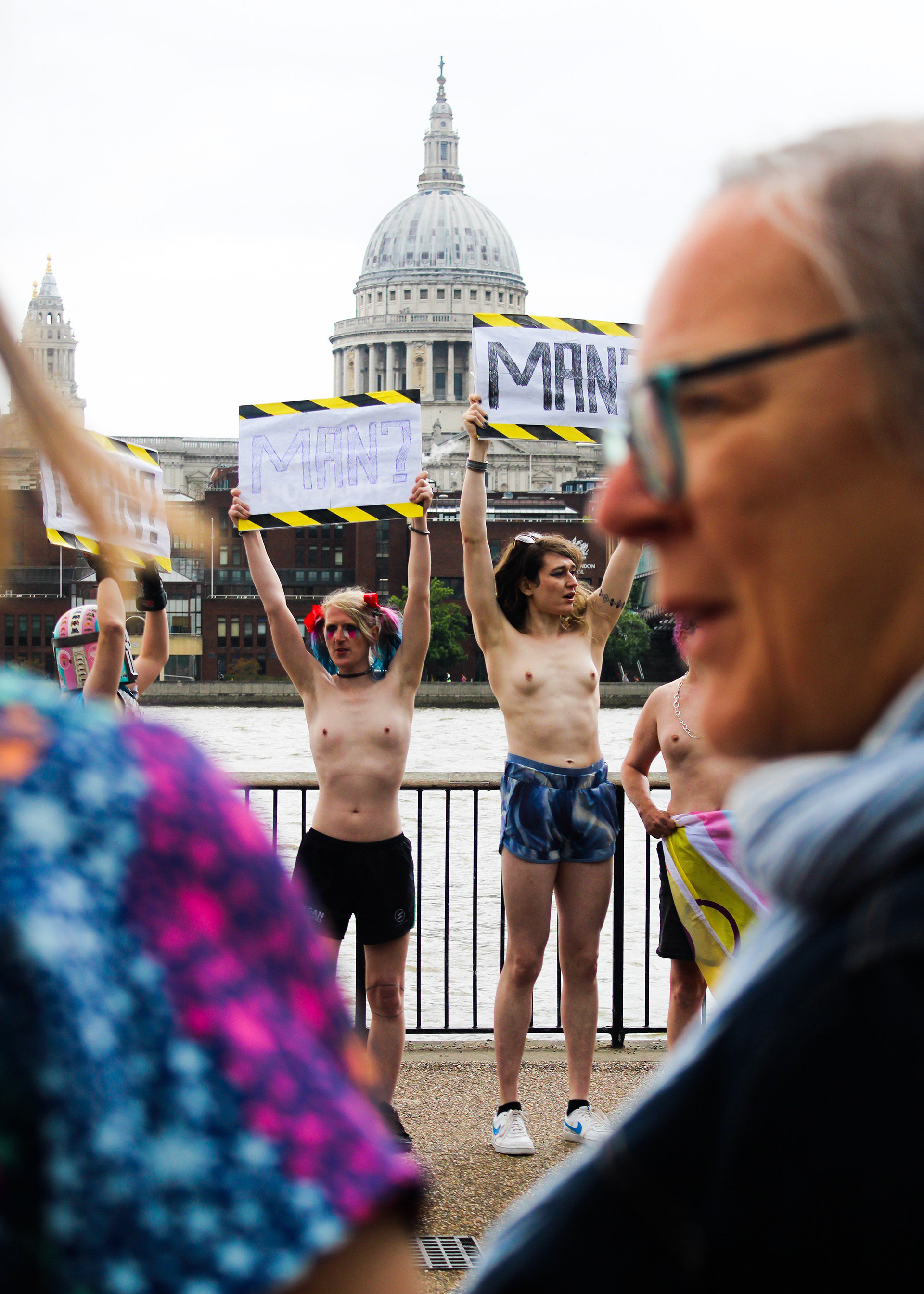 May 26th, 2025 - Topless trans protesters hold a shirtless demo outside of the Tate Modern