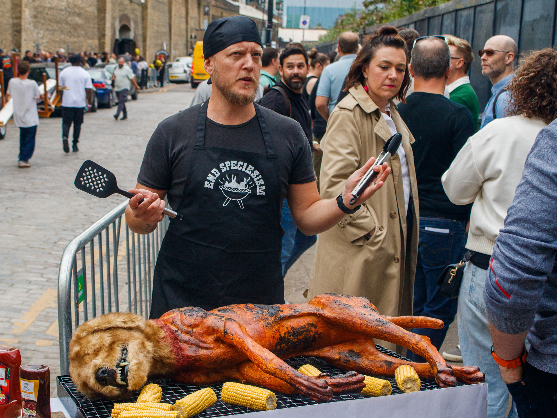 August 28th, 2025 - PETA grill a "dog" at a protest in Wapping