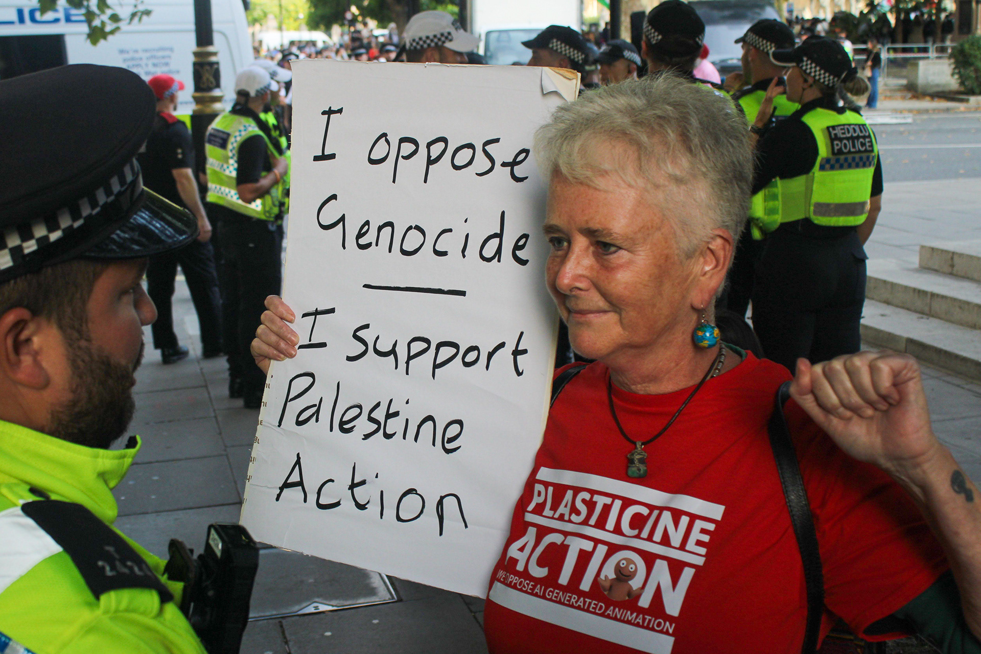 September 6th, 2025 - A protester "I oppose genocide, I support Palestine Action" which breaches section 3 of the terrorism act 2000