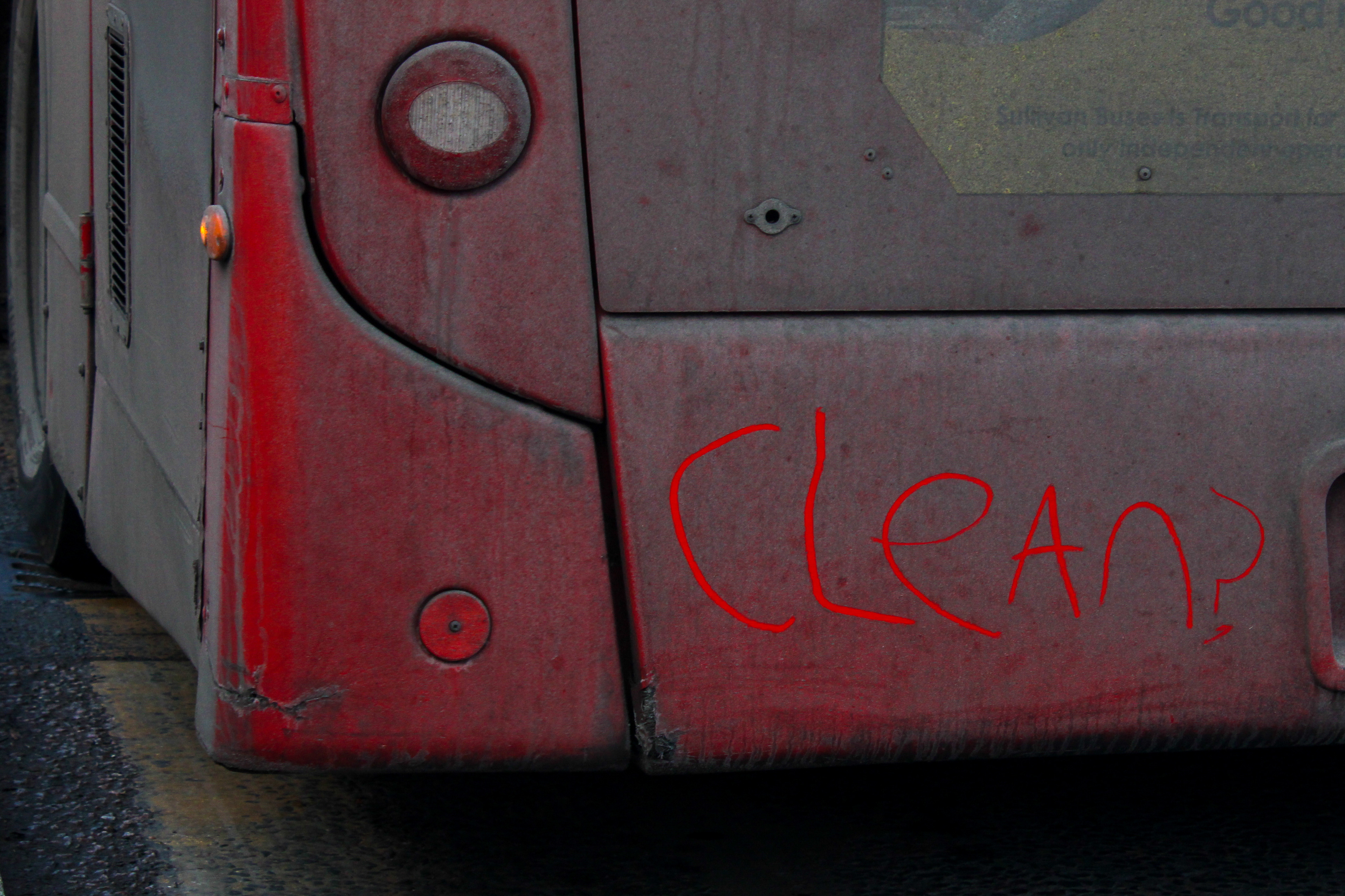 January 13th, 2024 - Clean? written on the back of the bus