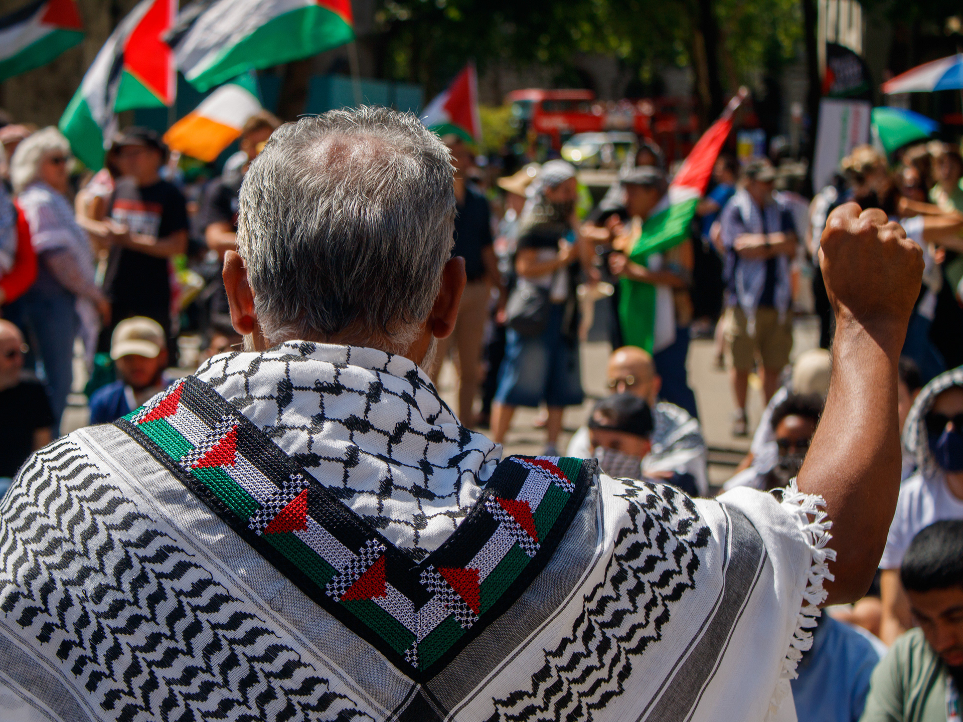 July 4th, 2025 - Palestine Action protesters outside of the Royal Courts of Justice while the group launch their legal challenge against their proscription