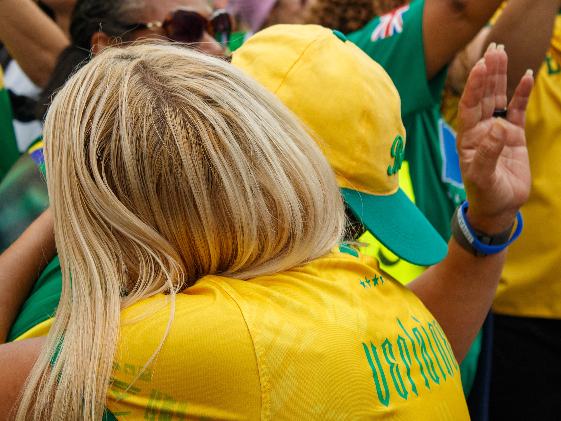 September 7th, 2025 - Protesters hug in London at a protest in support of Bolsonaro