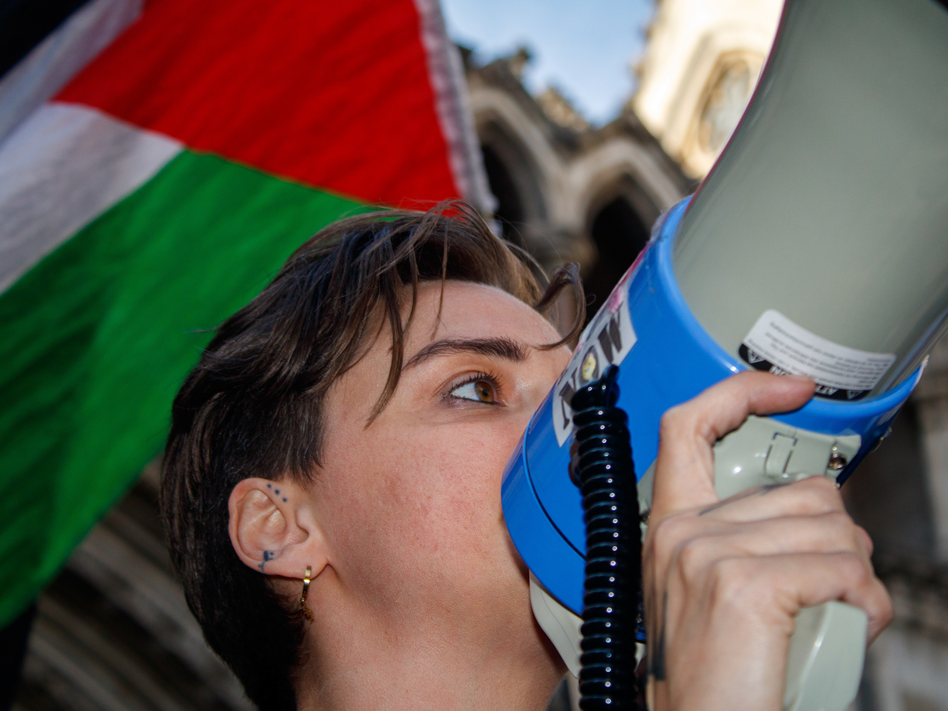 July 4th, 2025 - Palestine Action protesters outside of the Royal Courts of Justice while the group launch their legal challenge against their proscription