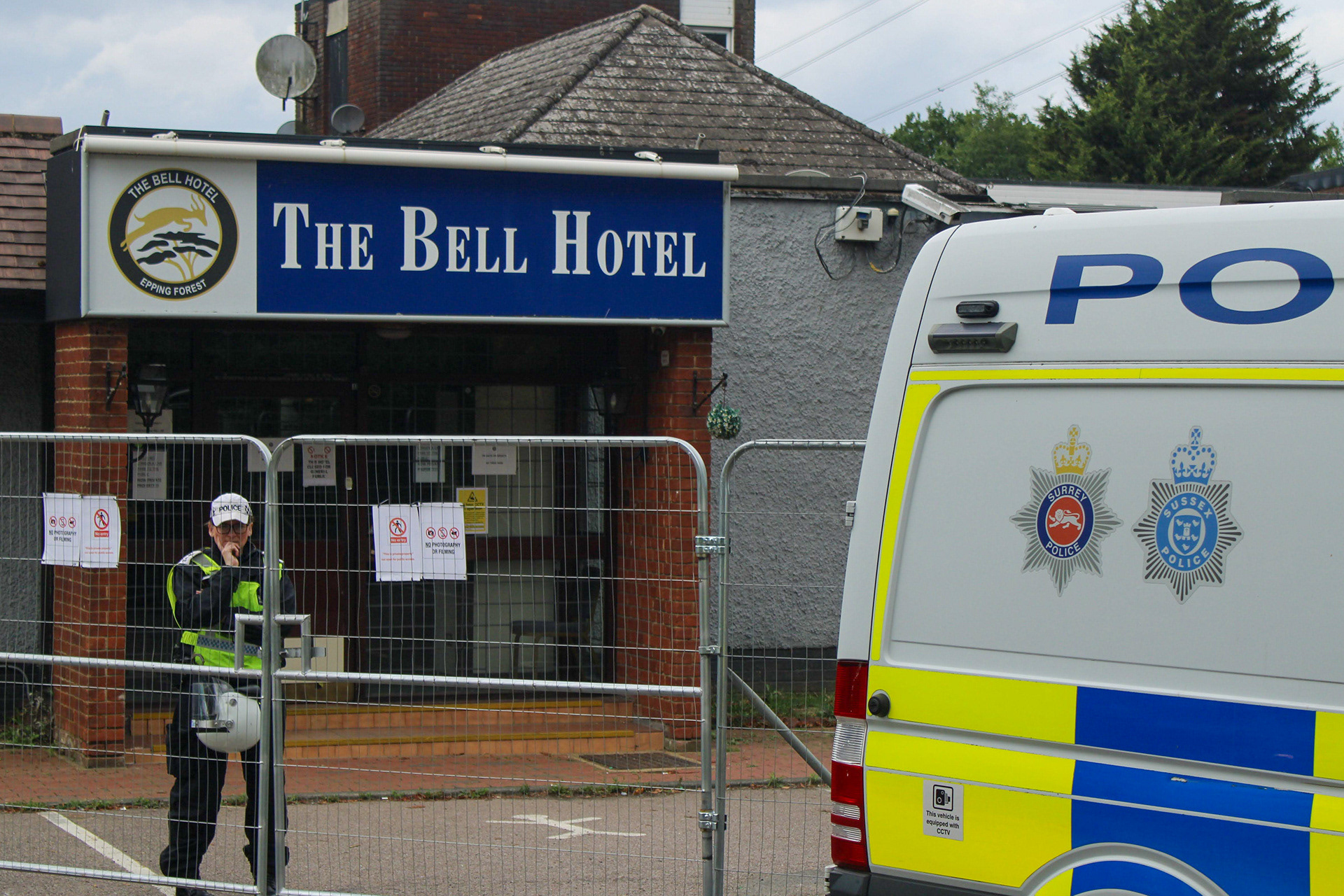 July 27th, 2025 - Police from various forces across the country outside of the Bell Hotel in Epping