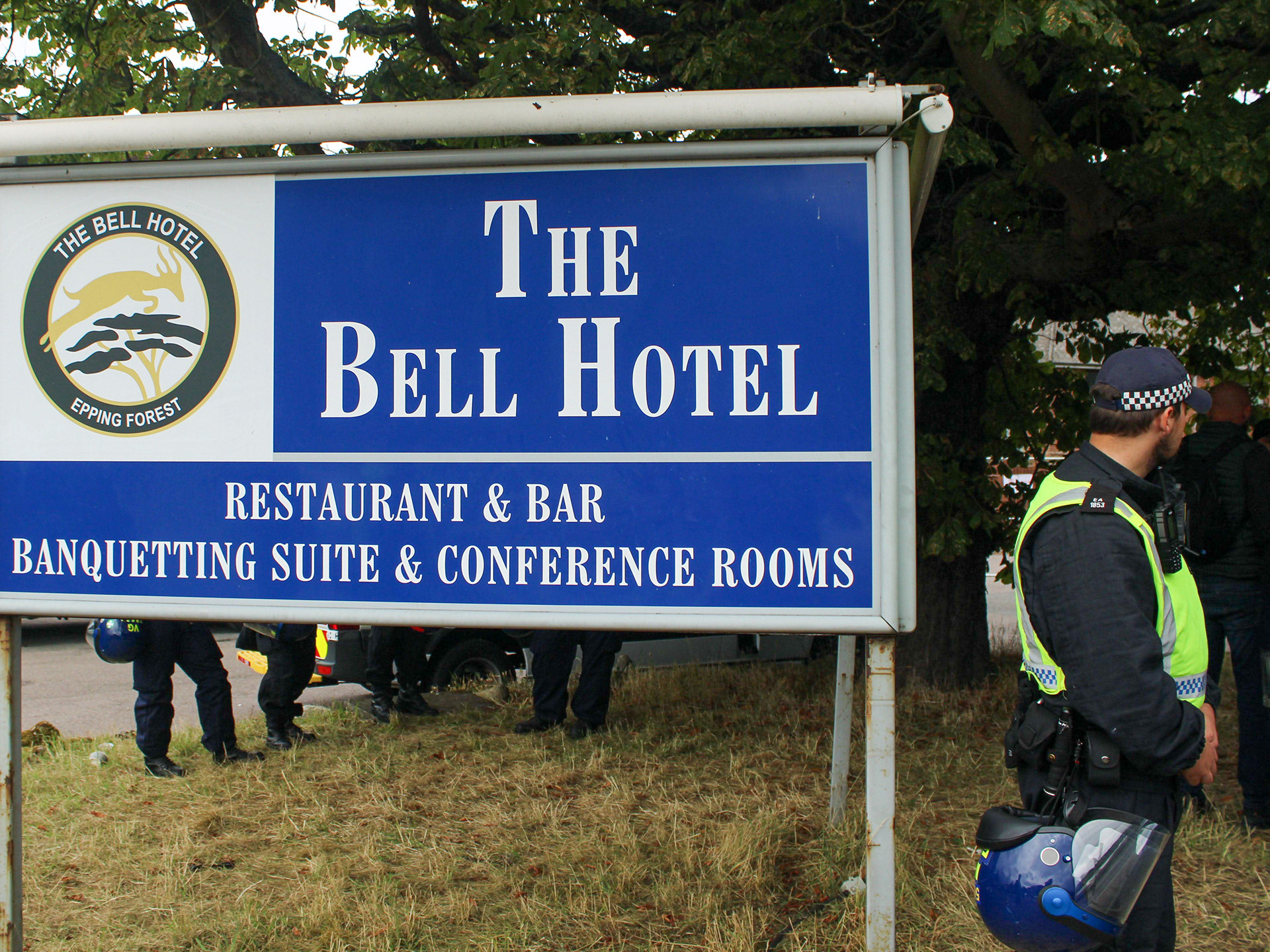 July 27th, 2025 - Police from various forces across the country outside of the Bell Hotel in Epping