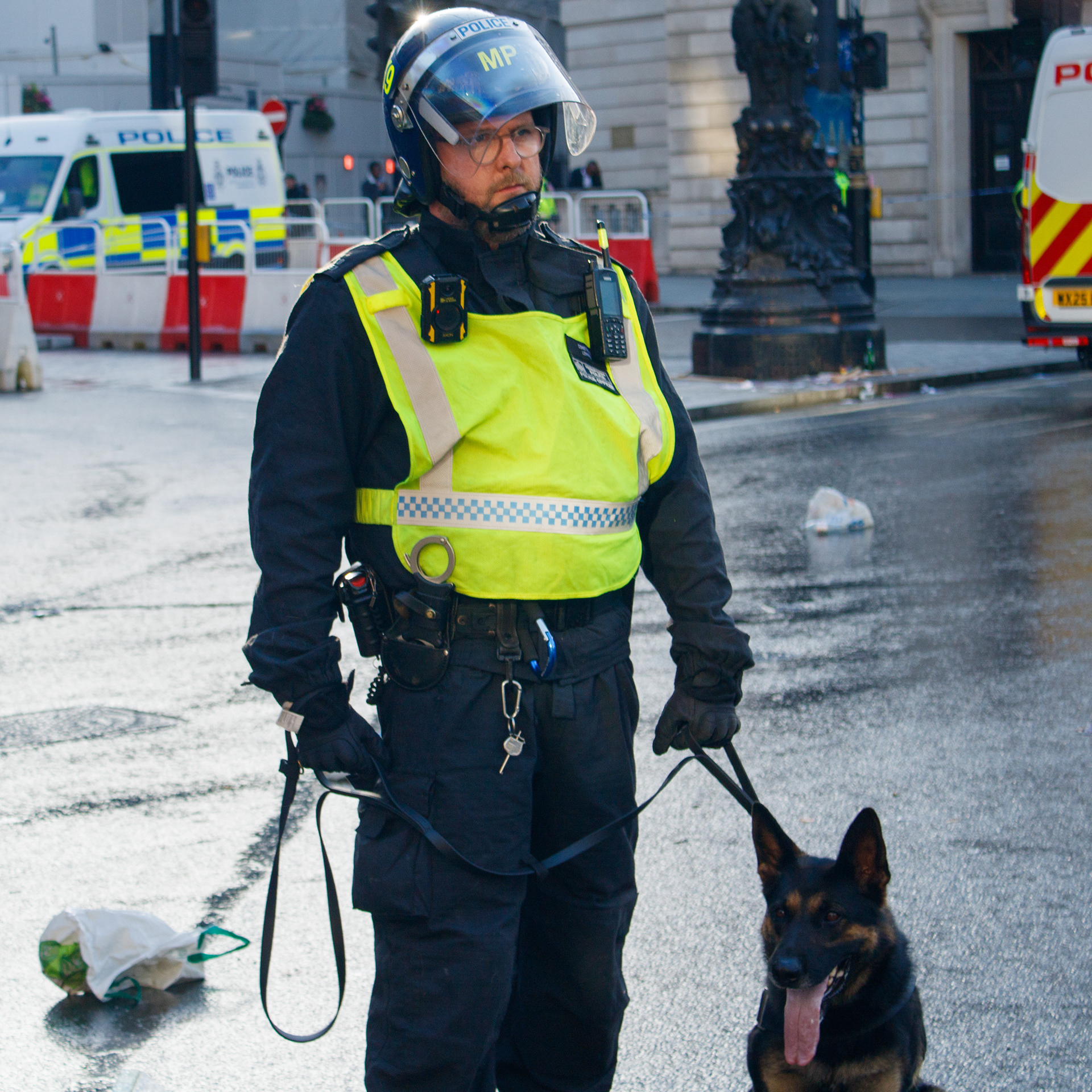 September 13th, 2025 - A lone police in riot gear in Trafalgar Square
