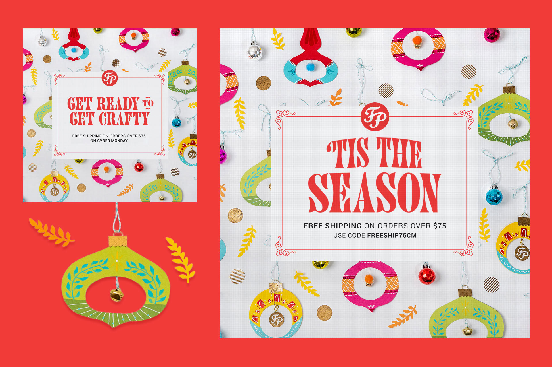 Two square social ads promoting French Paper's Cyber Monday offer with paper ornaments in the background.