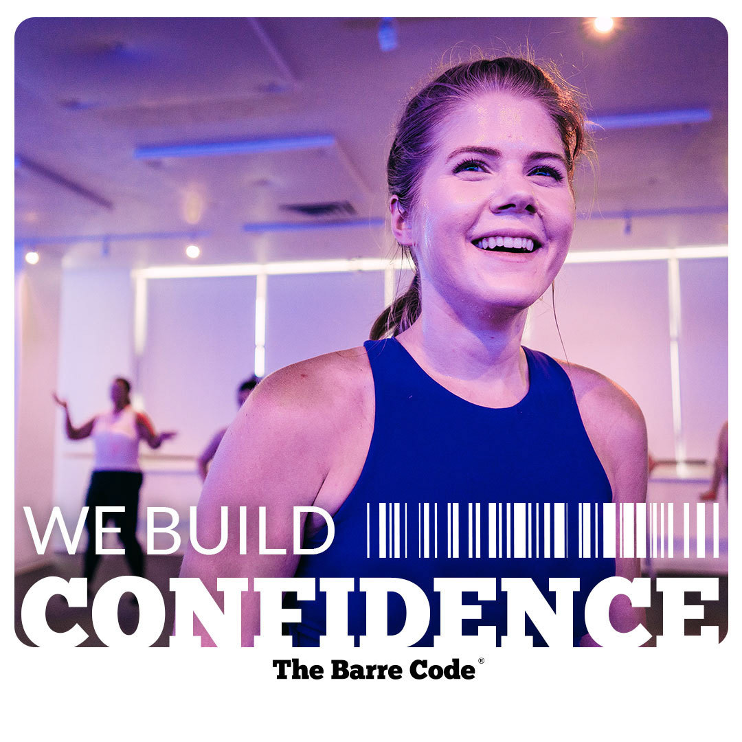 'We Build Confidence' on an image of a smiling woman in a gym.