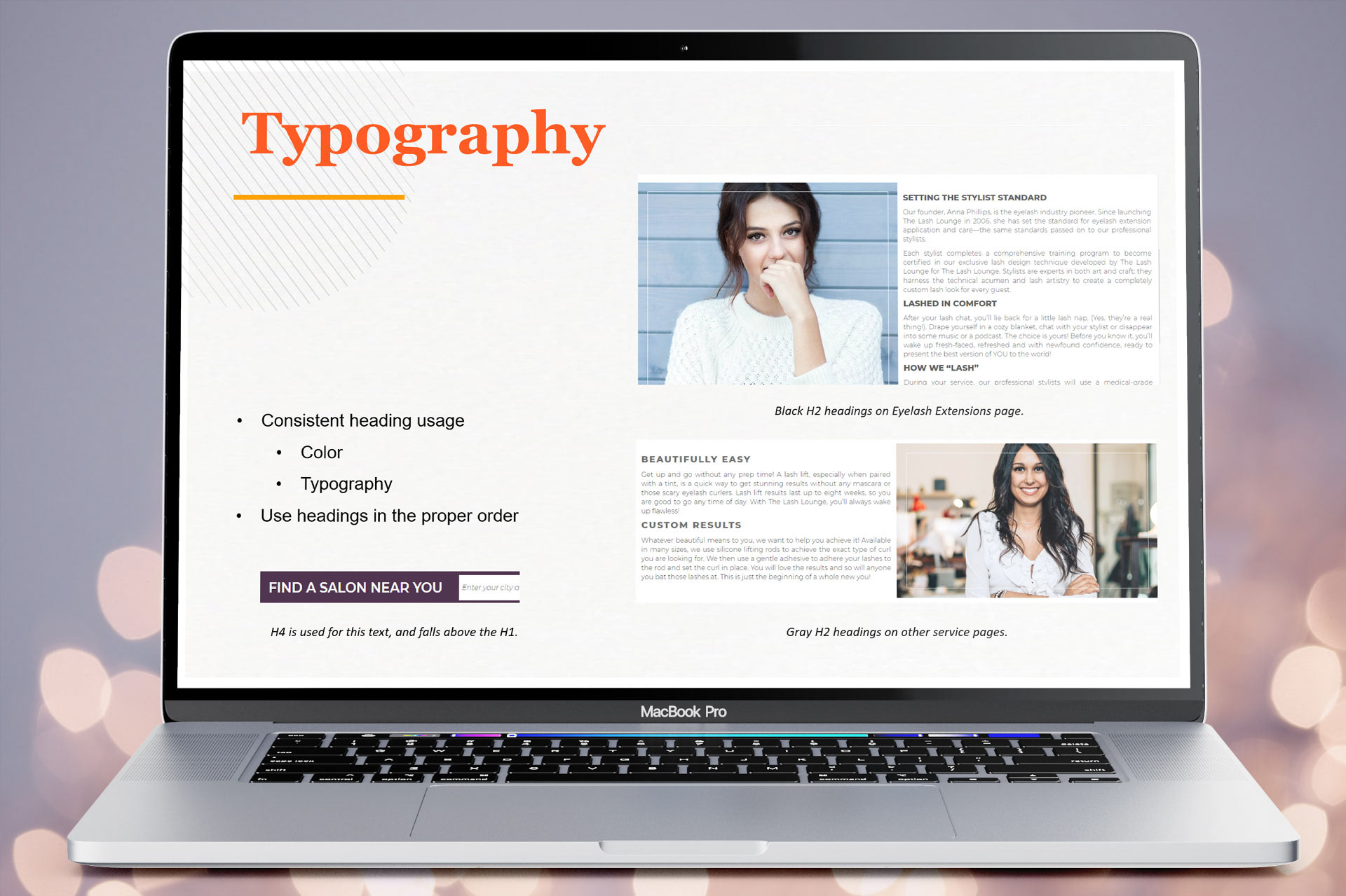 A laptop showing a slide on typography headings and issues with how they were used on The Lash Lounge site.