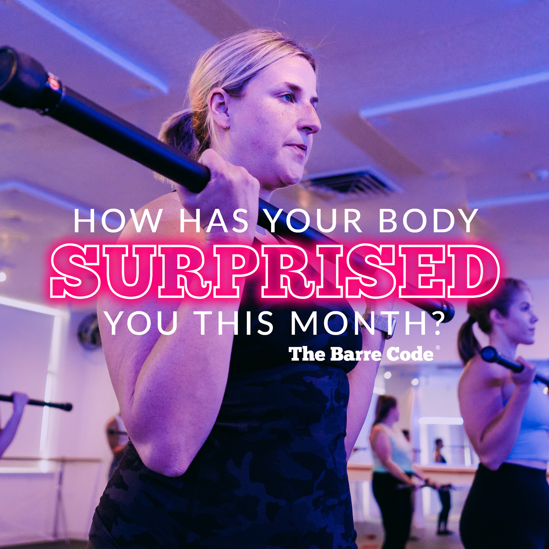 Text reading 'How has your body surprised you this month?' on an image of a woman in a workout class.