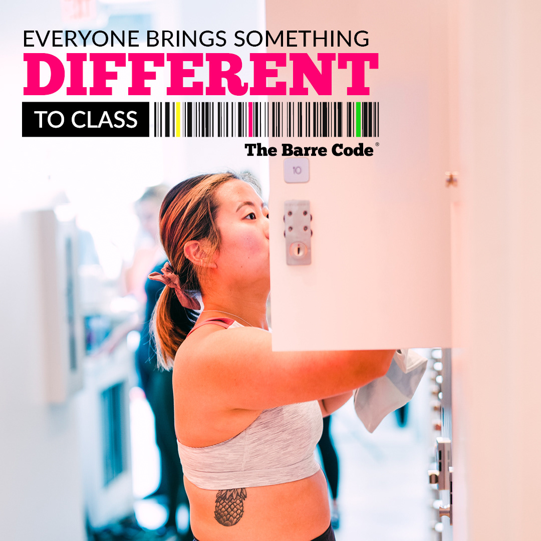 A woman getting into a gym locker with the text 'Everyone brings something different to class'.