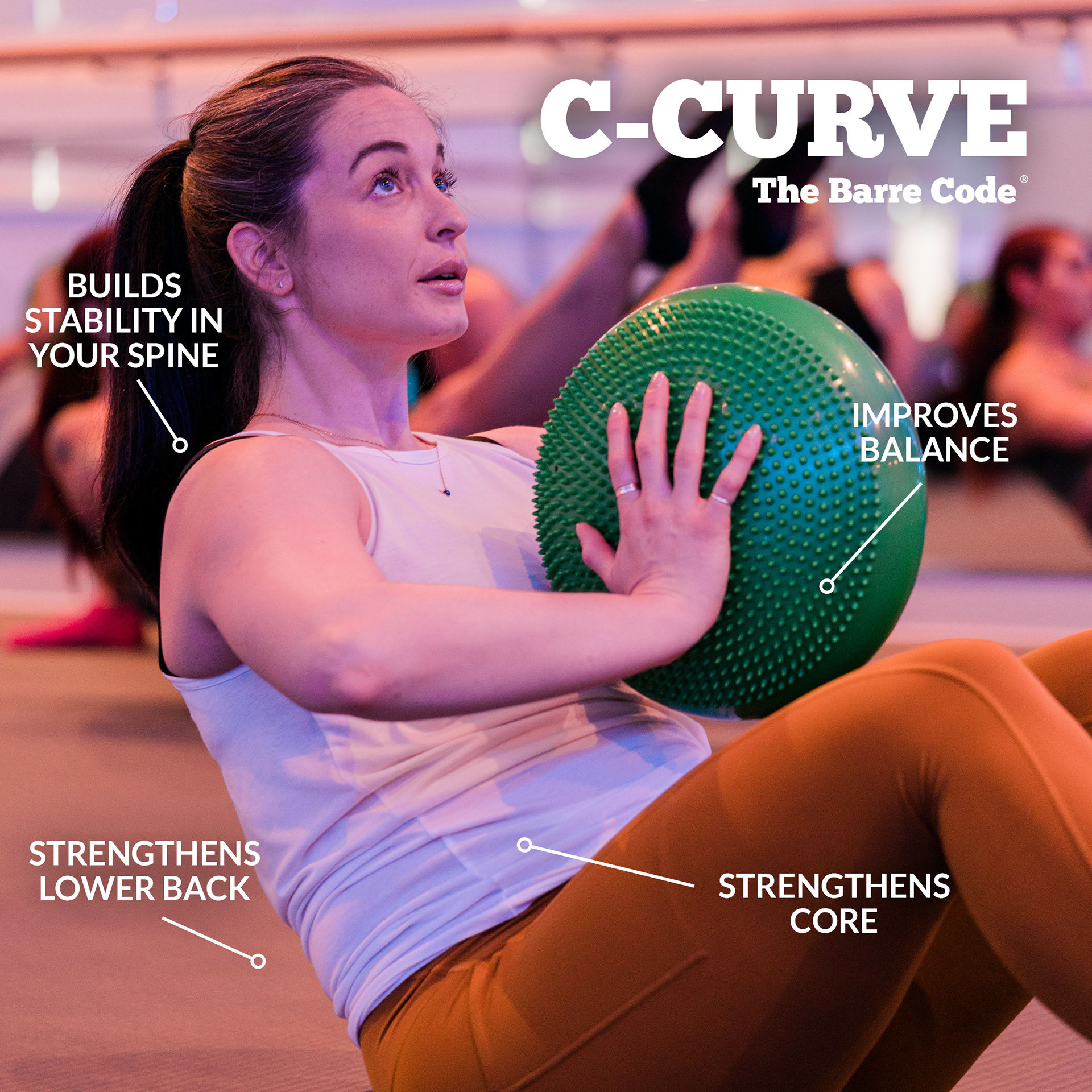 An image of a woman working out with text pointing out the correct form of a C-Curve position.