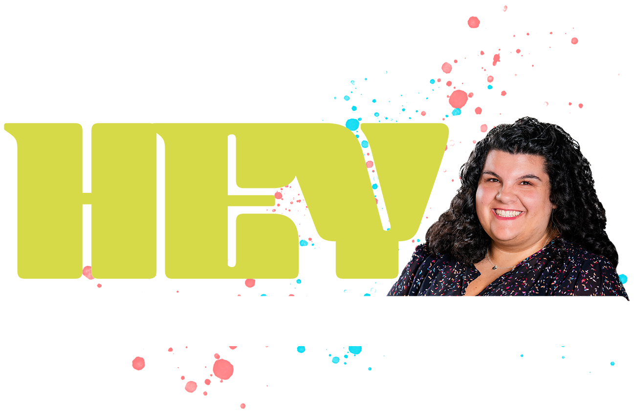 Stylized text says "Hey, I'd like to introduce myself" with paint splatter and a headshot of Jess Gordon-Beach smiling.