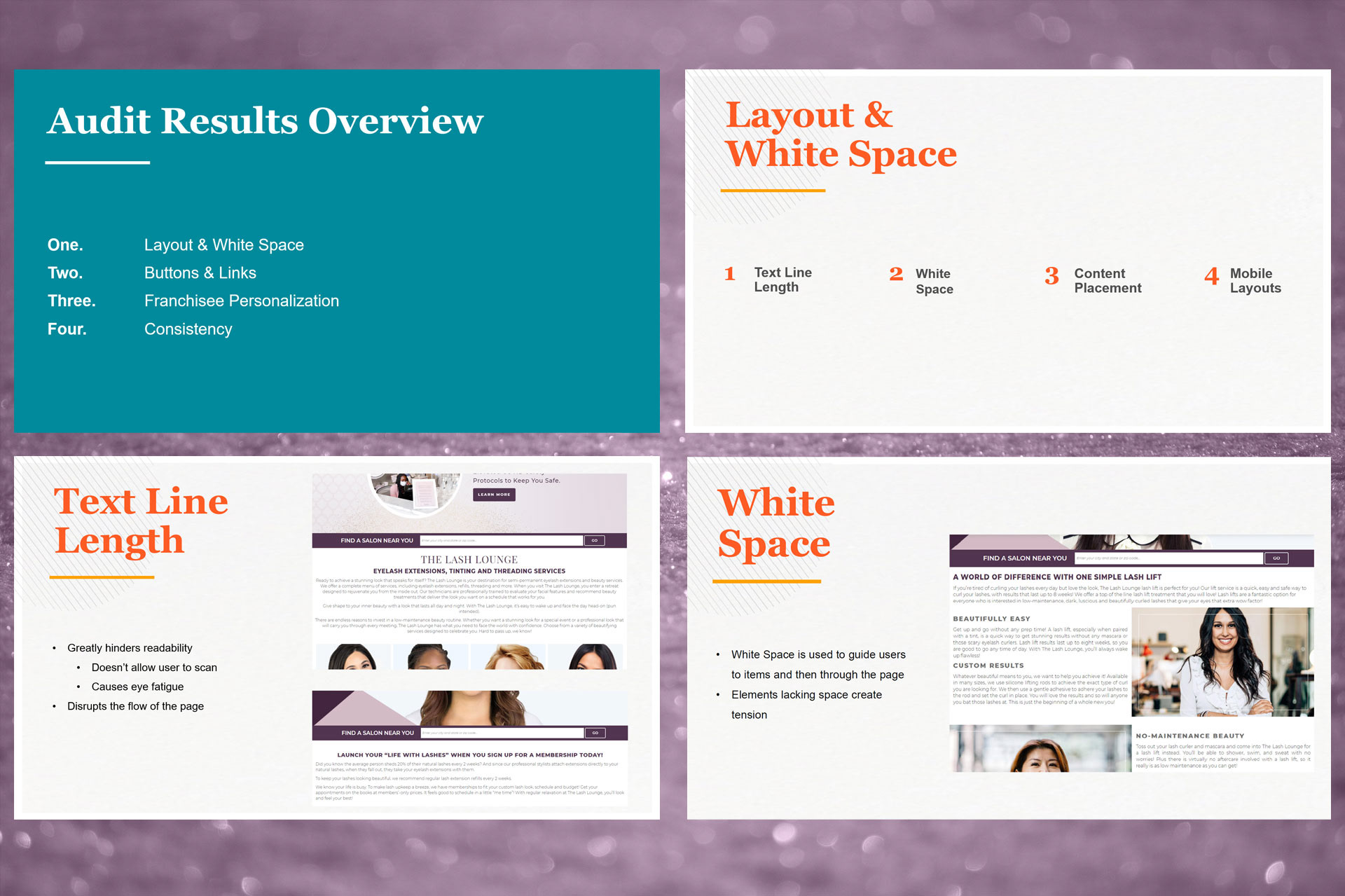 A collection of 4 images from presentation of a UX audit, showing some of the typography findings.