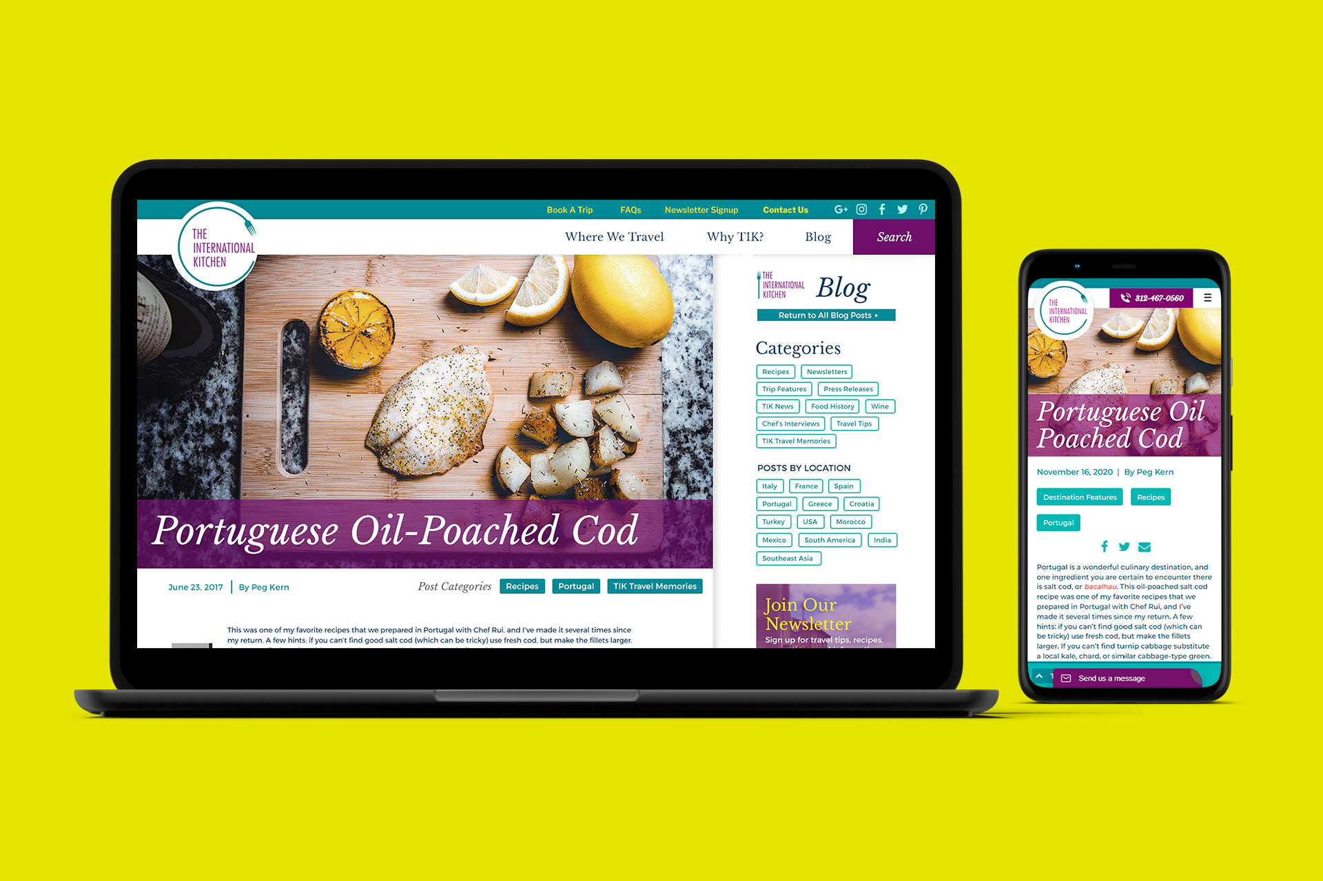 Recipe blog post from The International Kitchen displayed on a laptop and smartphone, on a solid yellow background.