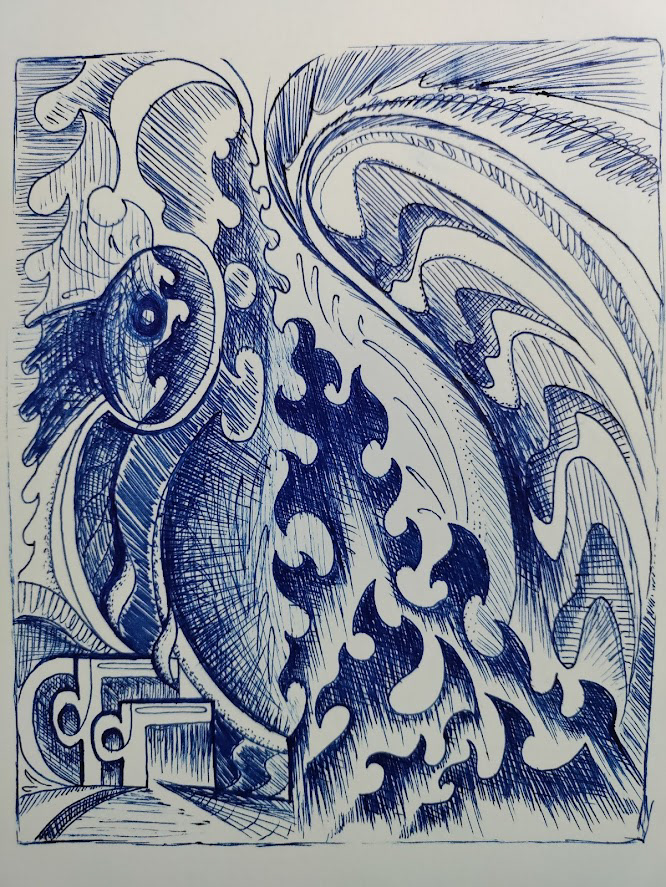 Rollerball Pen art of a figure drinking coffee at a campfire.