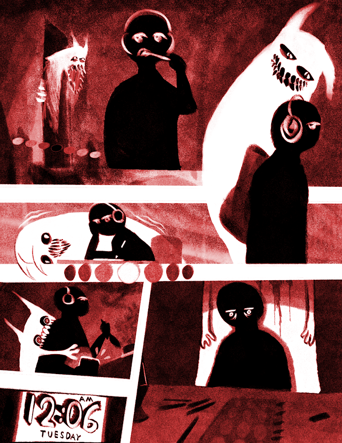 Comic page about the guilt of procrastinating creative work, a haunting yet motivating companion.