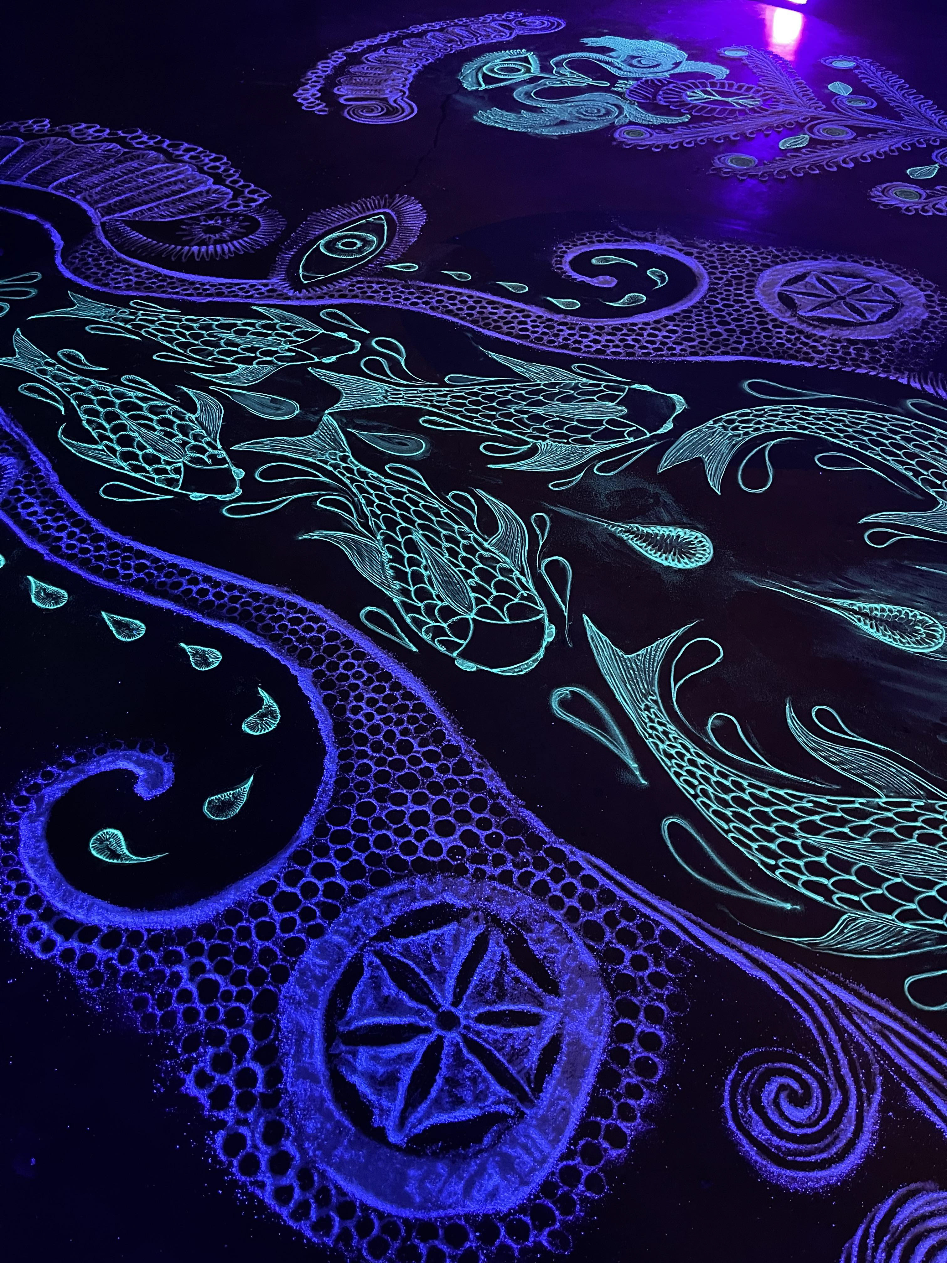 Sacred fish and tears forming a river from the Sea Goddess out to the Sea