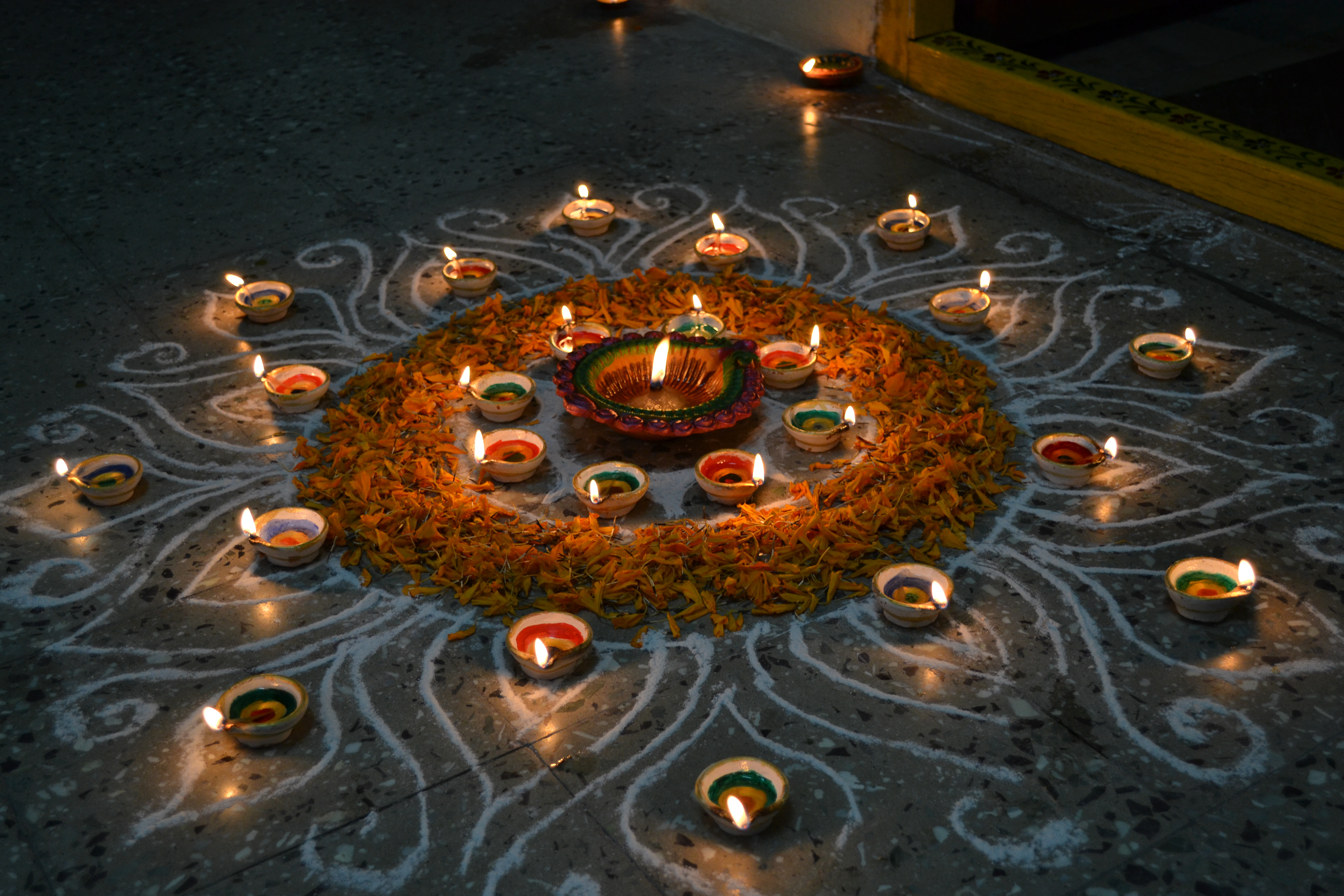 An example of Rangoli, an Indian Hindu practice done in homes and thresholds. It can be a daily practice, but as it is time-consuming, it is more often done to mark holidays or special occasions.