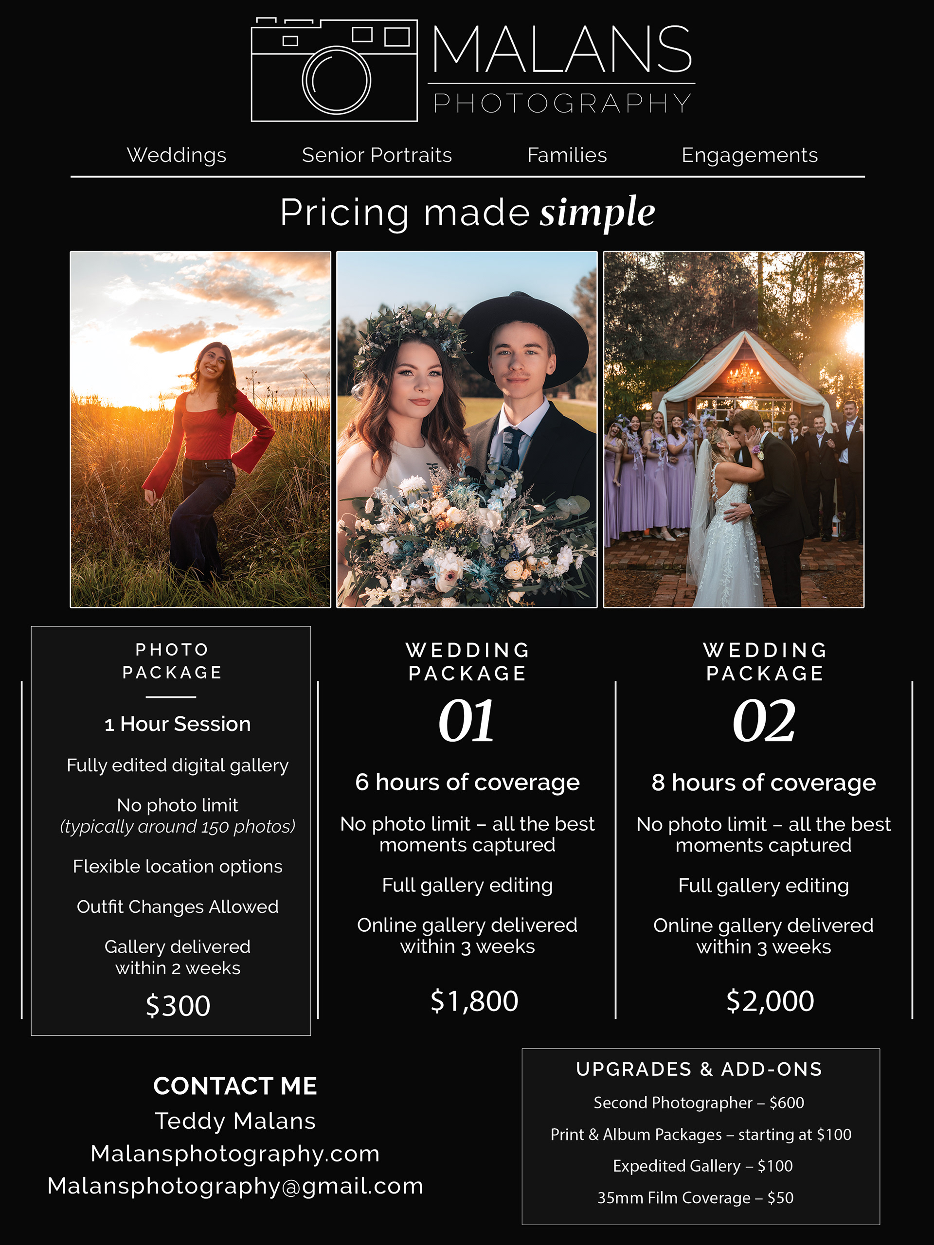 Looking for 2026 photography pricing in Volusia County? Malans Photography offers wedding, engagement, senior, family, and portrait photography in Port Orange, Ponce Inlet, Daytona Beach, New Smyrna Beach, DeLand, and Ormond Beach.