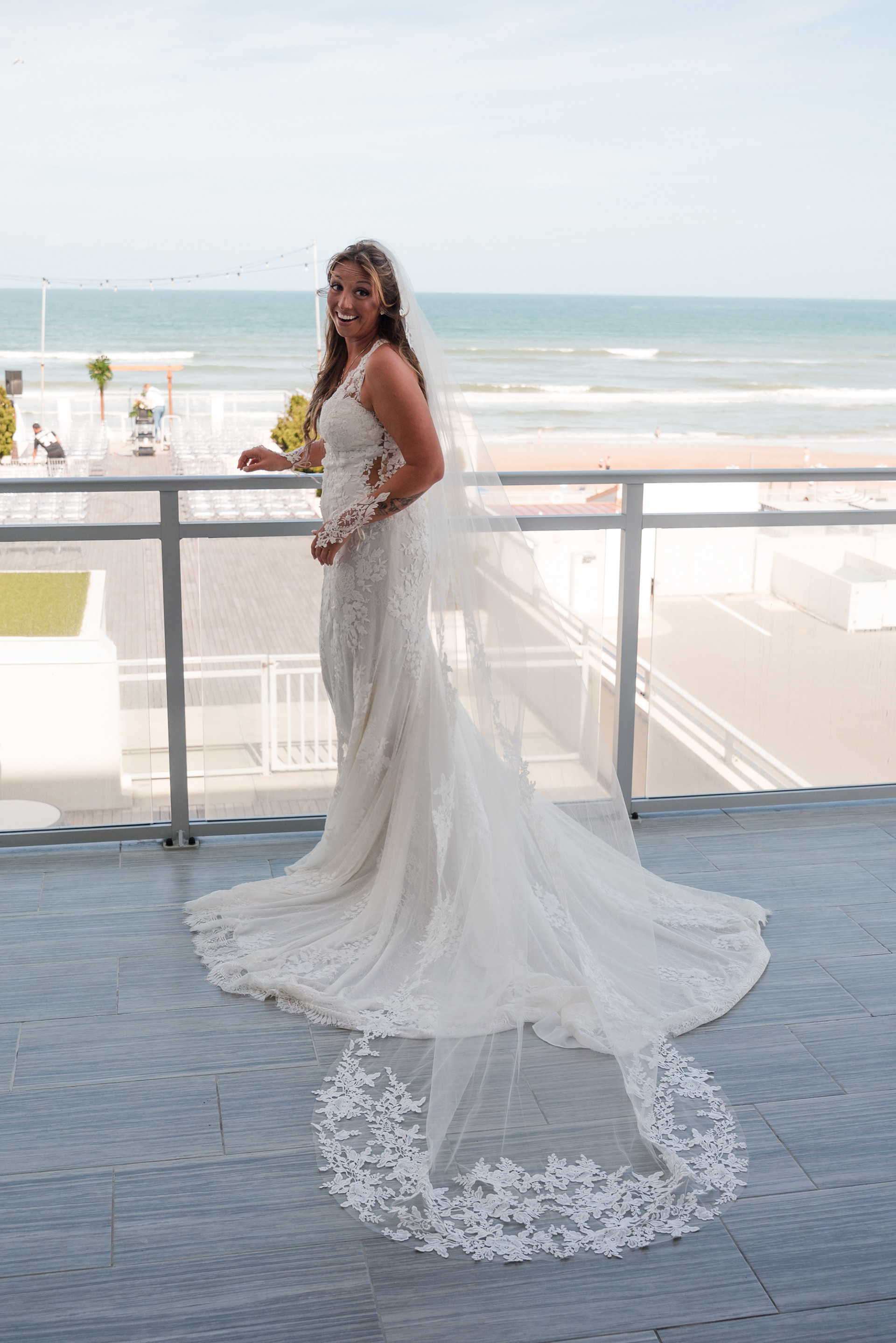Bride portrait on the oceanfront balcony at Hard Rock Hotel Daytona Beach.