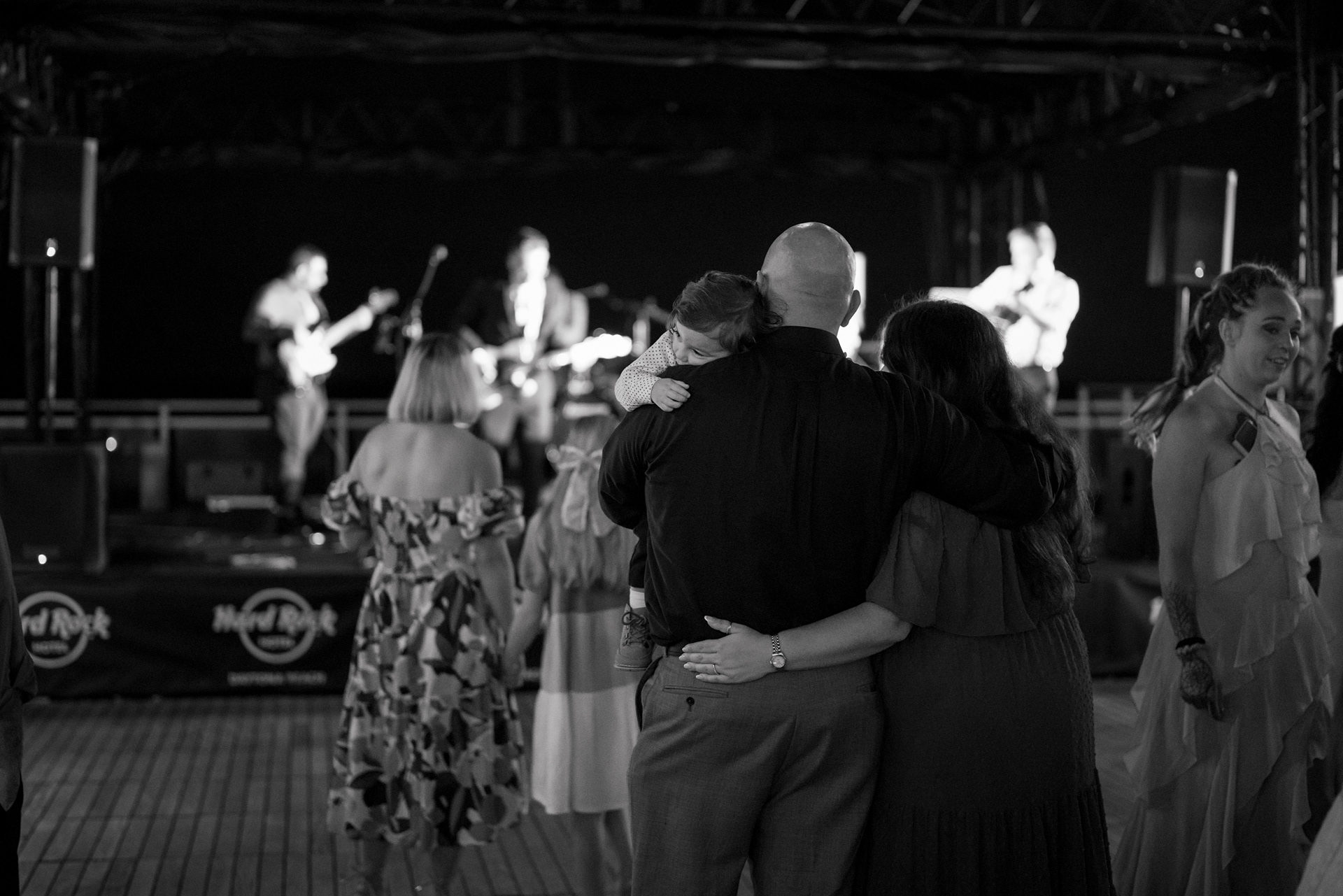 Black and white candid reception photo at a Hard Rock Hotel Daytona Beach wedding.