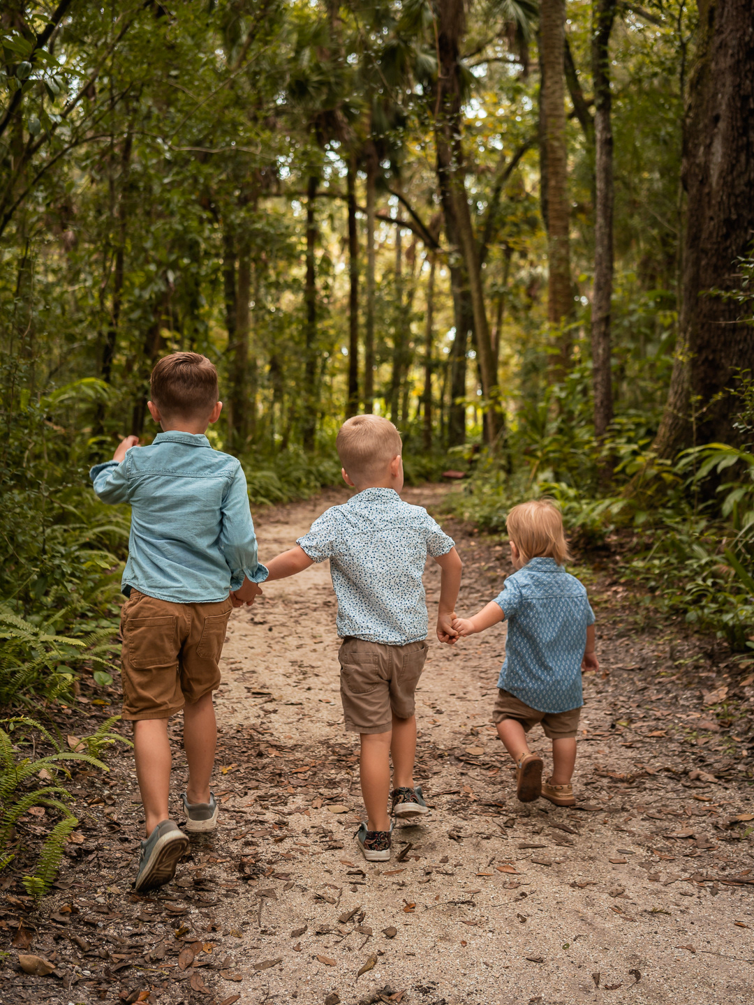 Brothers walking hand in hand down a wooded path surrounded by trees in Dunlawton Sugar Mill Gardens