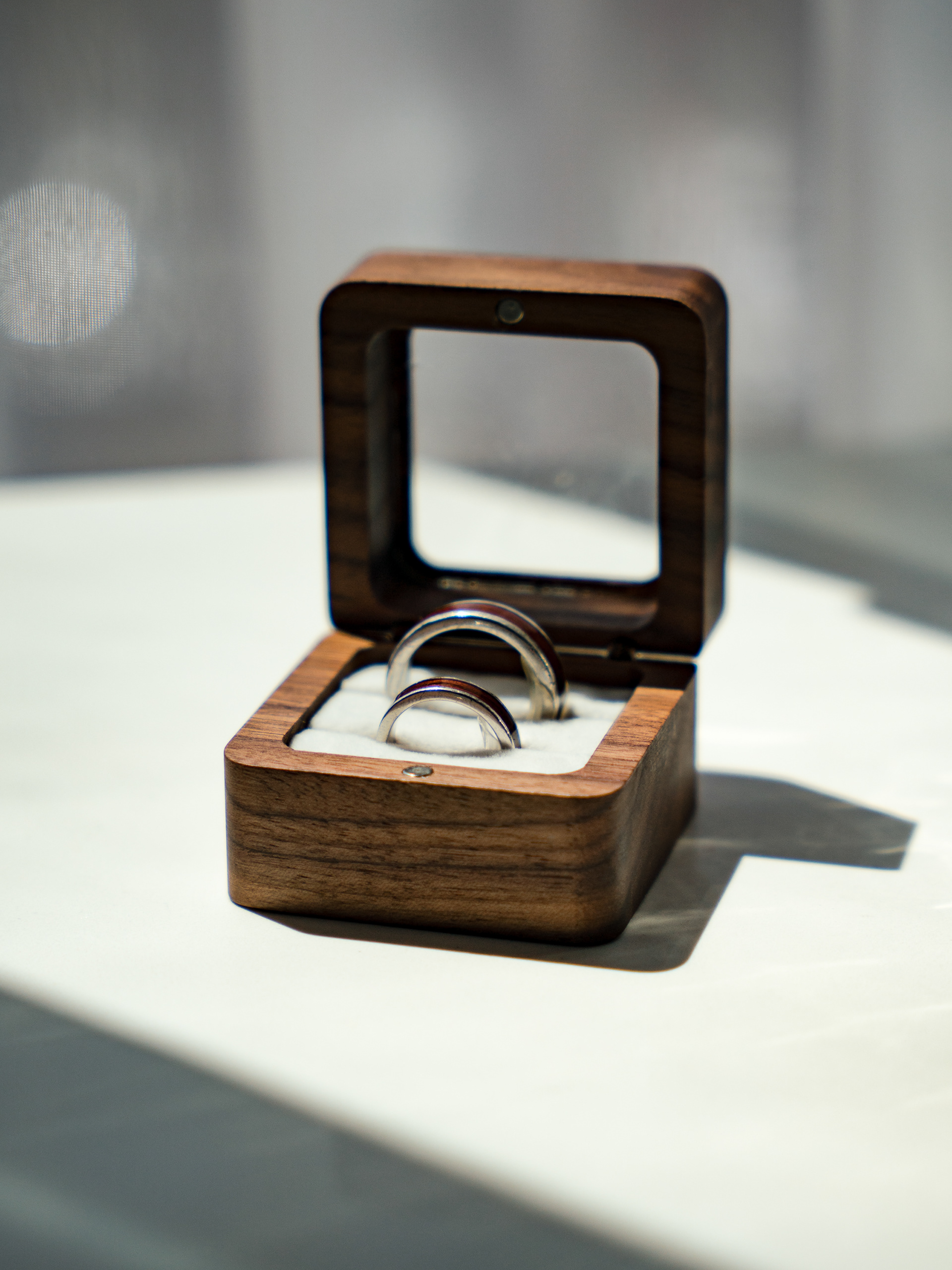 Wedding ring in a wooden ring box at Hard Rock Hotel in Daytona Beach, FL.