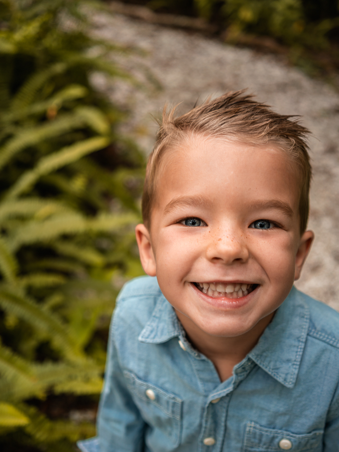 Close-up portrait of smiling young boy in a blue shirt surrounded by plants during Port Orange family photos.
