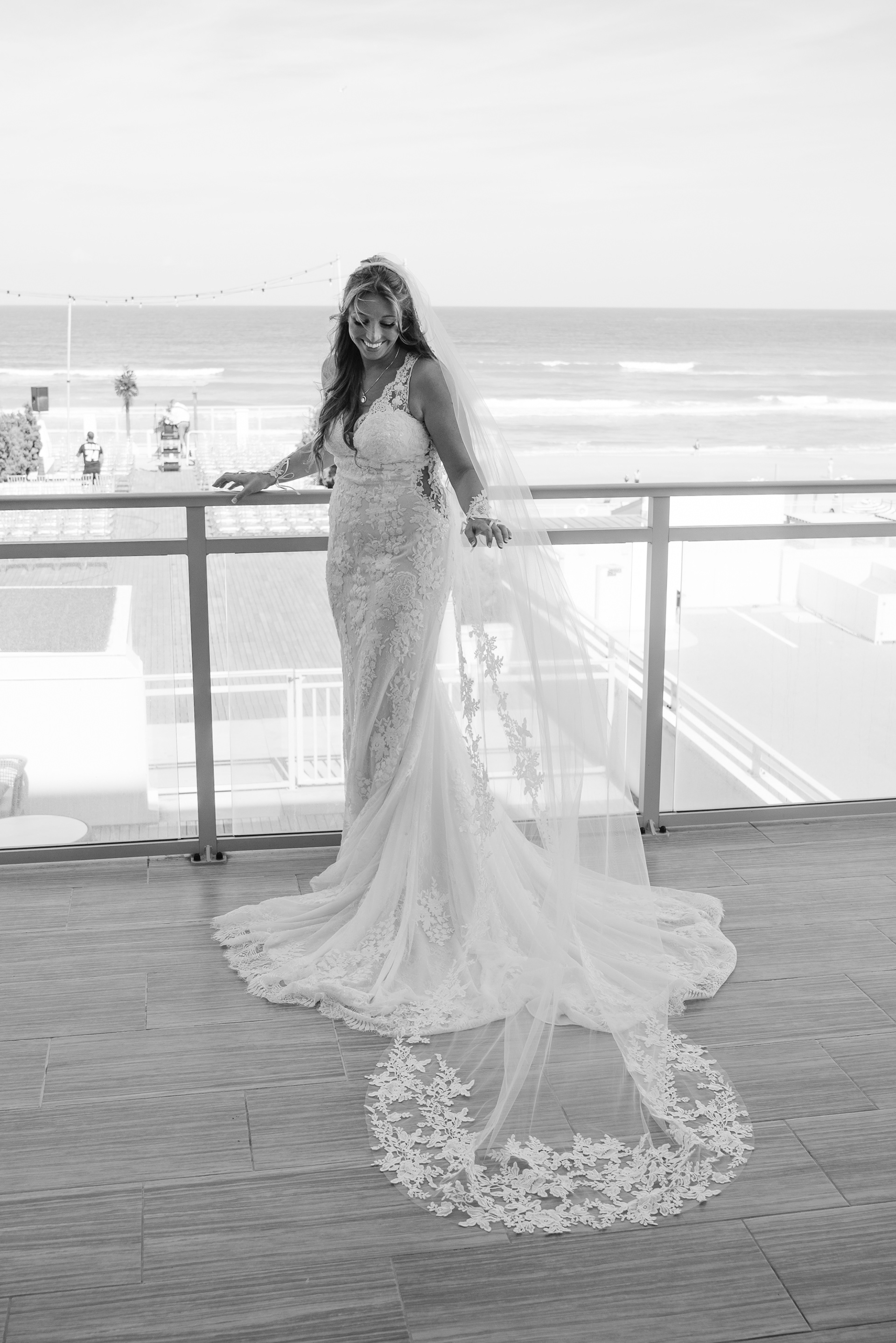 Black and white bridal portrait overlooking Daytona Beach from Hard Rock Hotel.