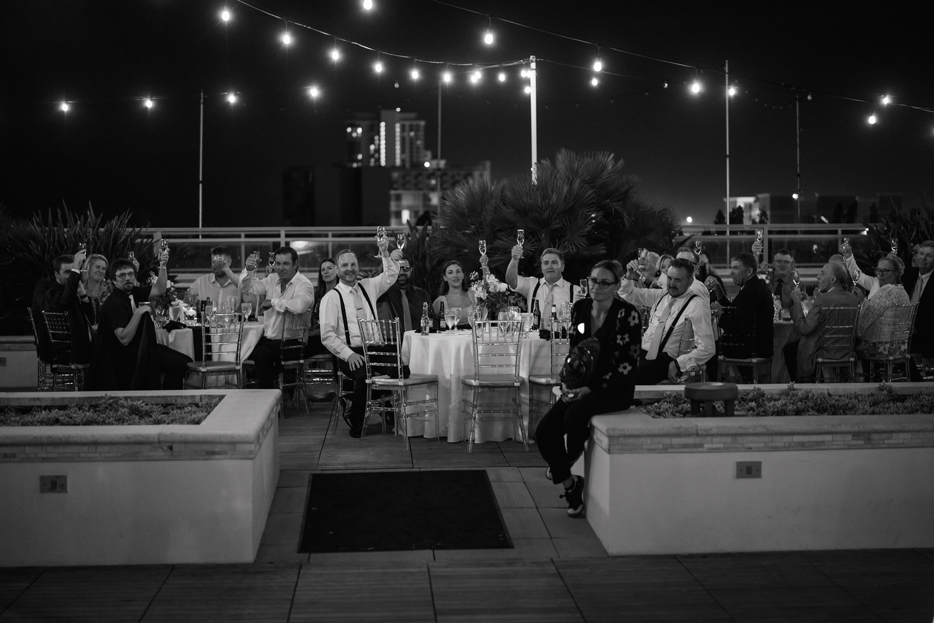 Black and white outdoor reception photo at Hard Rock Hotel Daytona Beach.