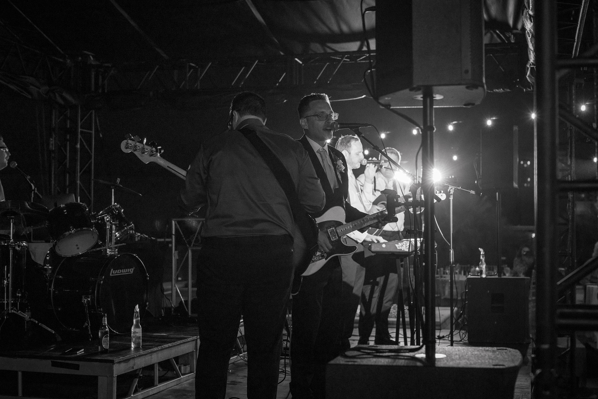 Black and white live music photo from a Daytona Beach wedding reception.