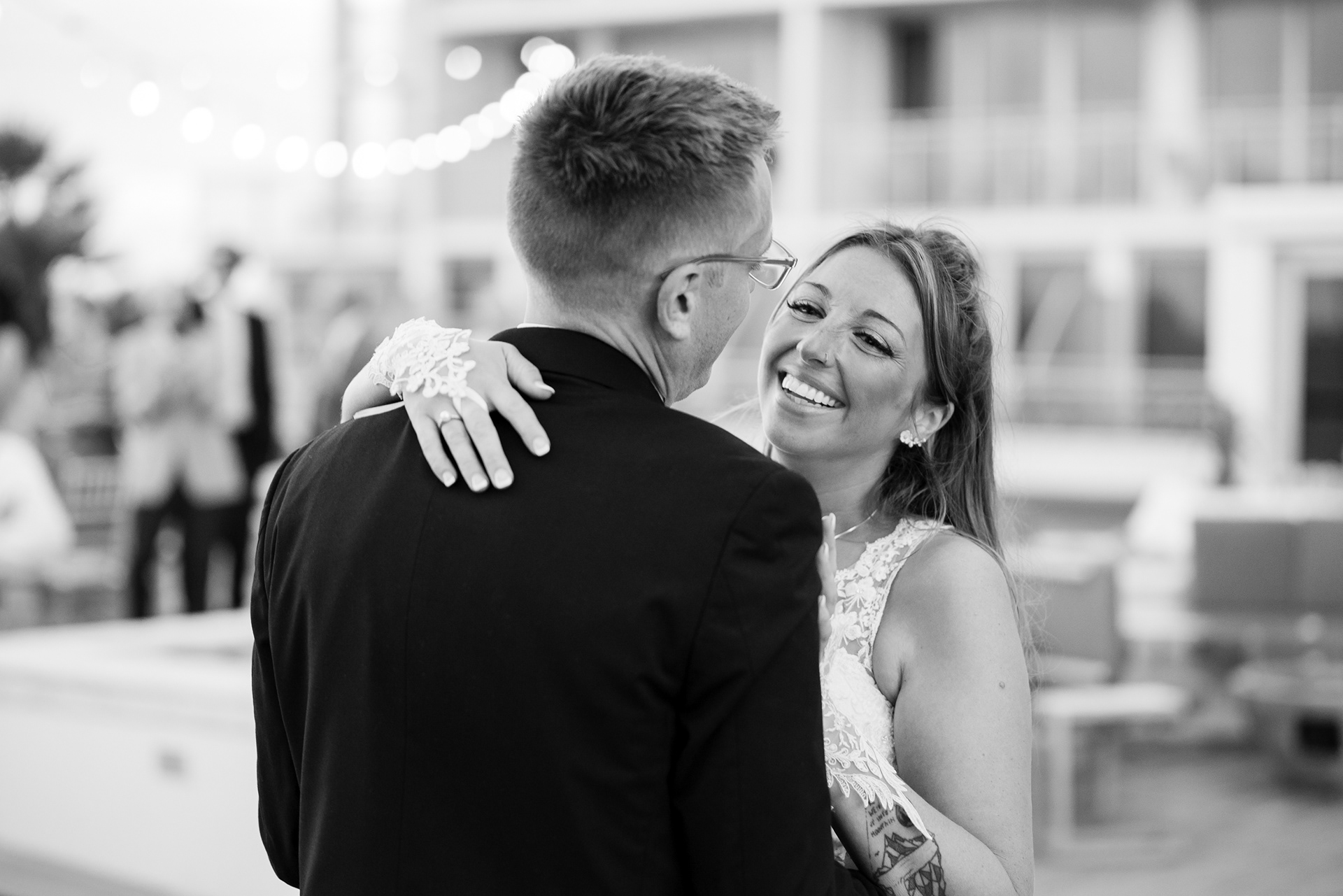 Black and white first dance photo at a Hard Rock Hotel Daytona Beach wedding.
