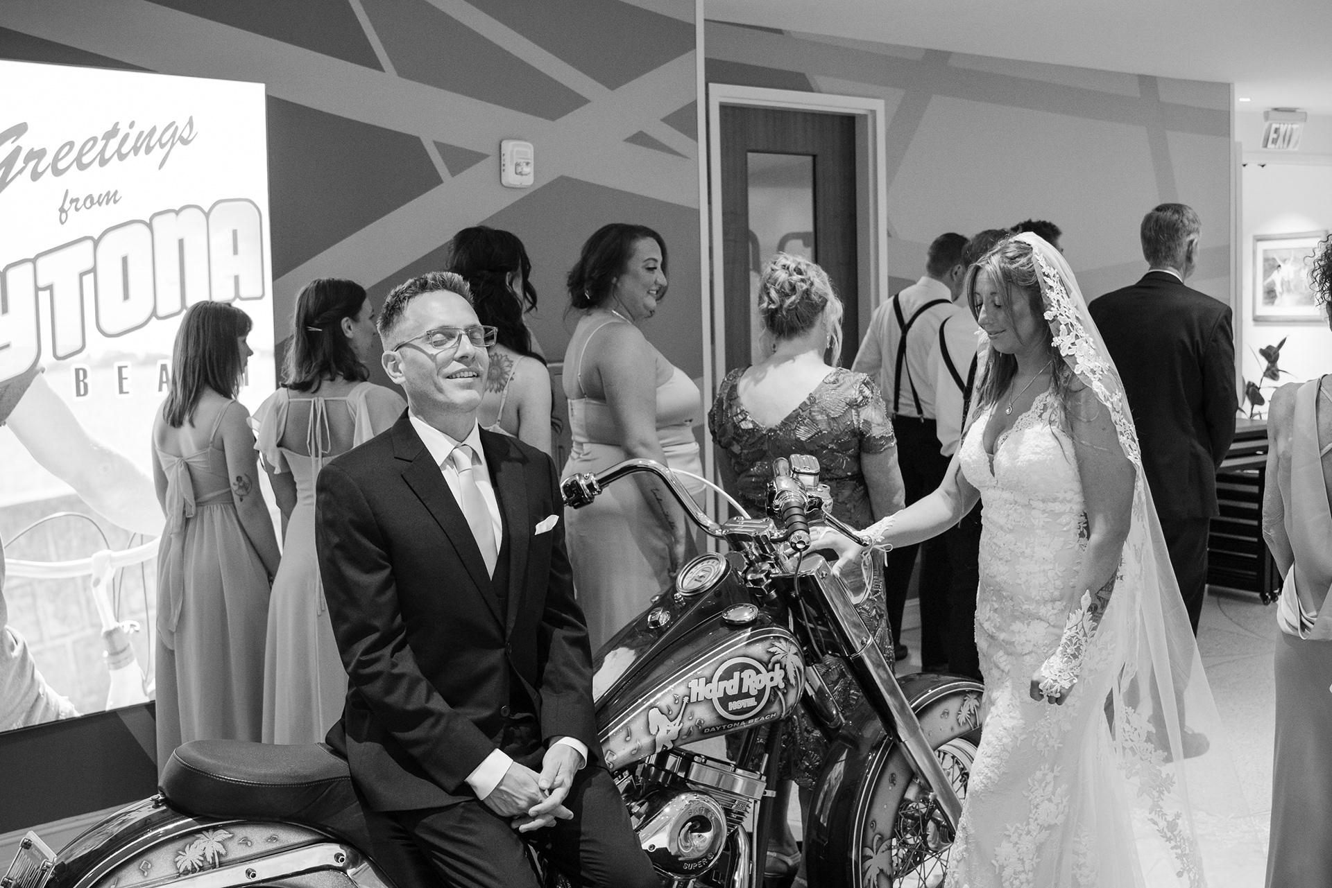 Black and white wedding ceremony entrance at Hard Rock Hotel in Daytona Beach, Florida.