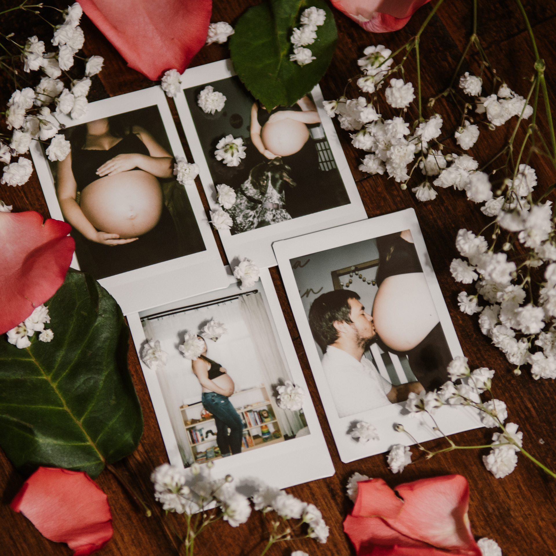 Trendy polaroid Maternity detail photo with ultrasound pictures, flowers, and baby keepsakes