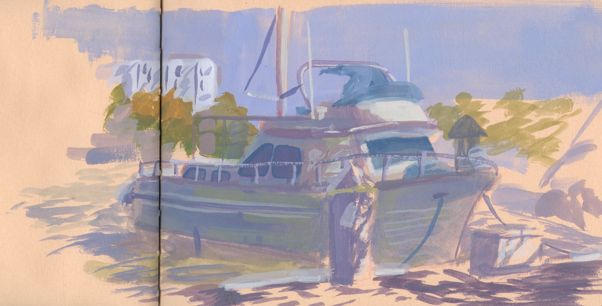 Bayfront Boat Plein Air, Gouache