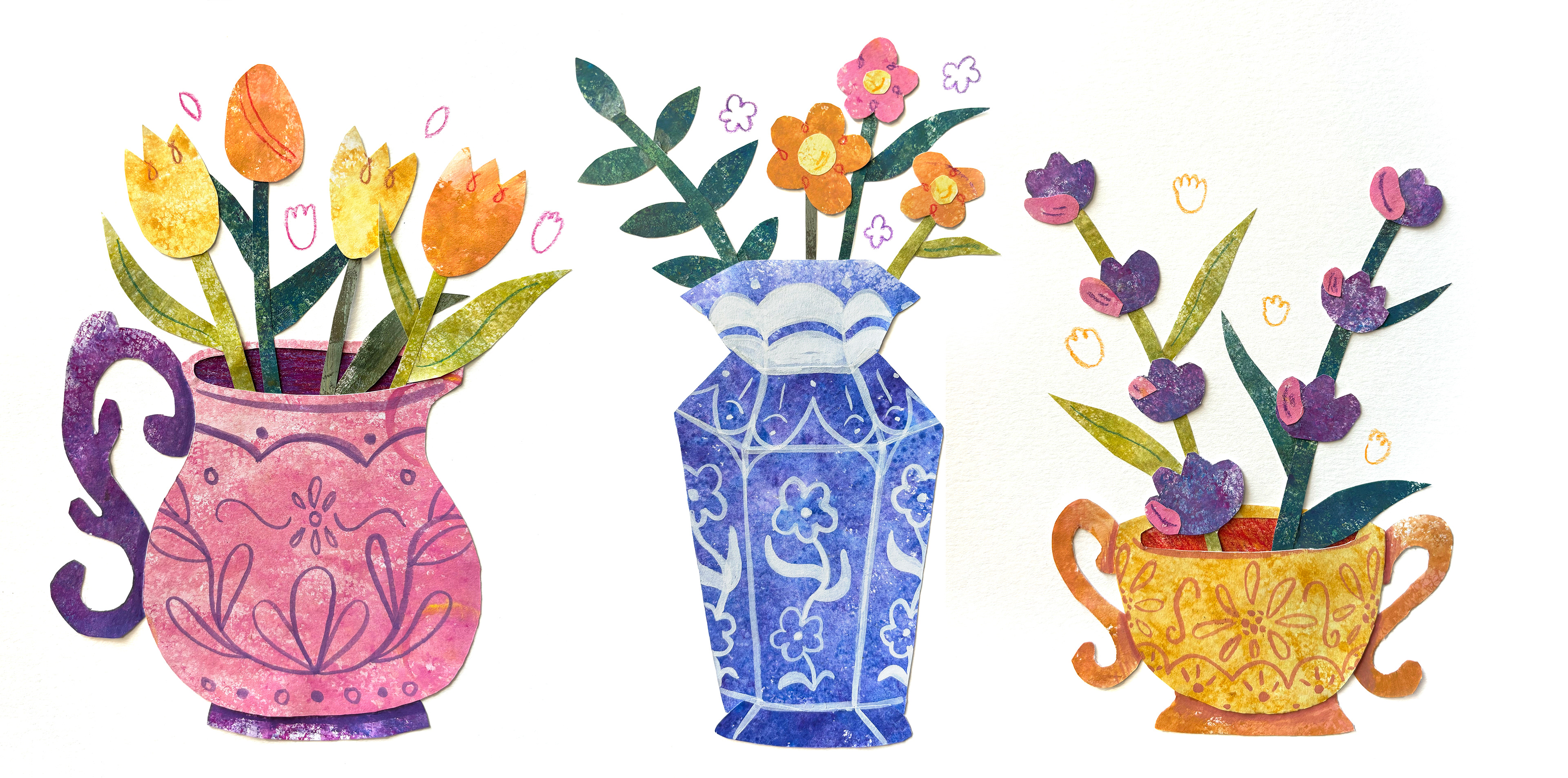 Happy Flower Pots, Paper-cut / Gouache