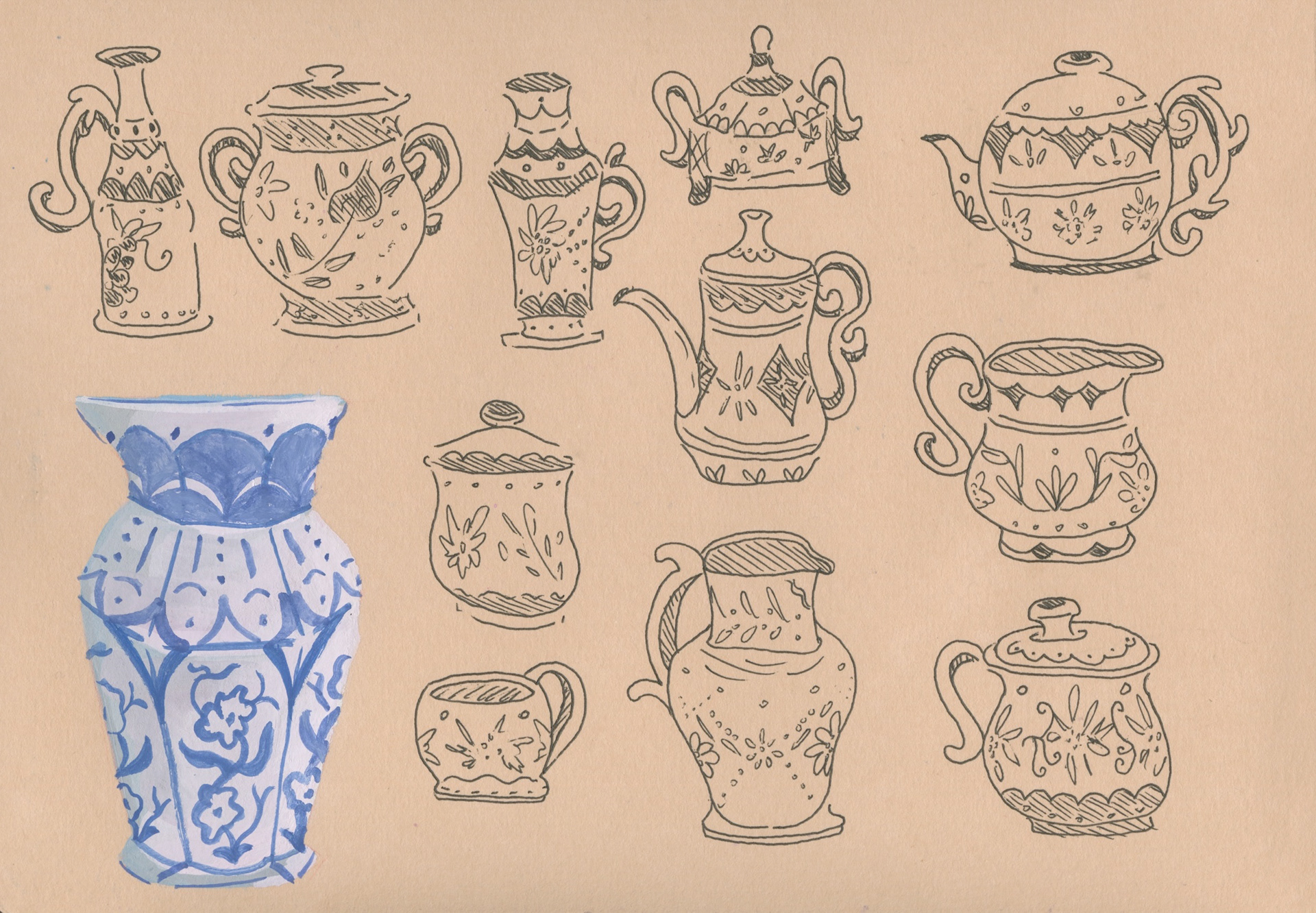 MET Pottery Study, Gouache/Pen