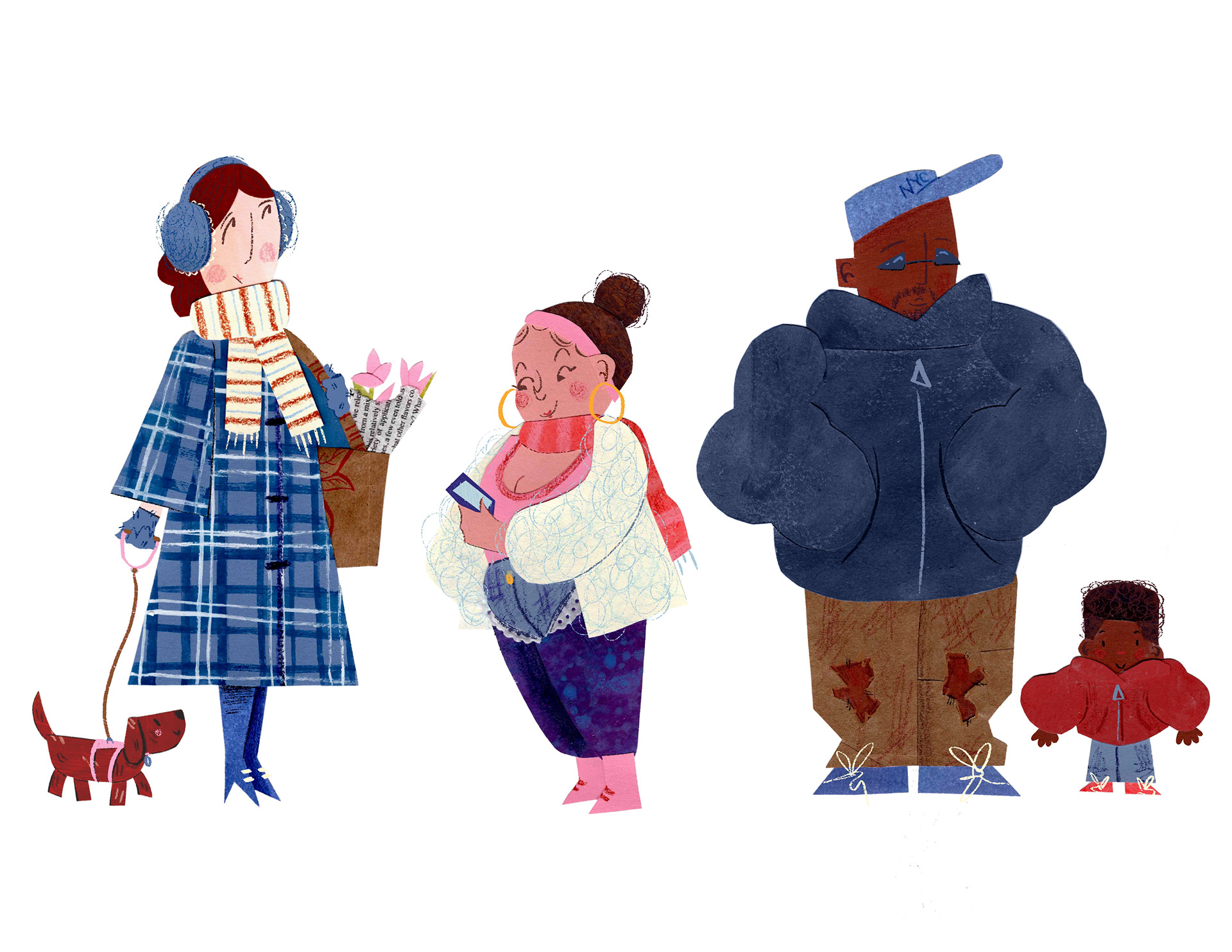 New Yorkers in Winter, Gouache/Papercut/Digital