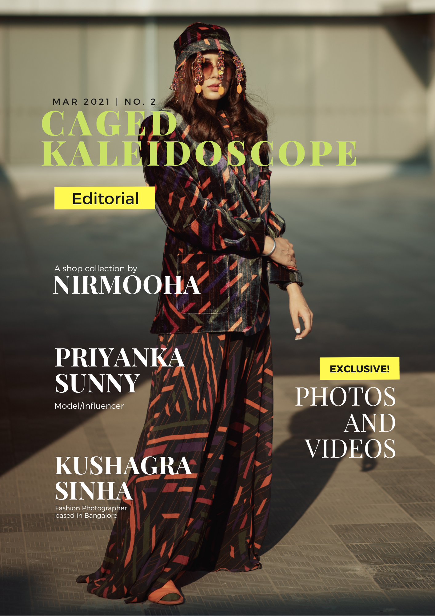 "Influencer shoot with a 'Caged Kaleidoscope' theme featuring a model wearing an elegant Nirmooha dress, showcasing a fusion of fashion and artistry."